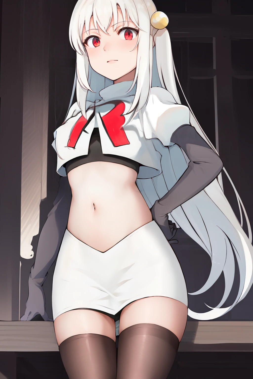 masterpiece, best quality, highres, 1girl ninym ralei hair bobbles ahoge, team rocket,team rocket uniform, red letter R, white skirt,white crop top,black thigh-highs,black elbow gloves,