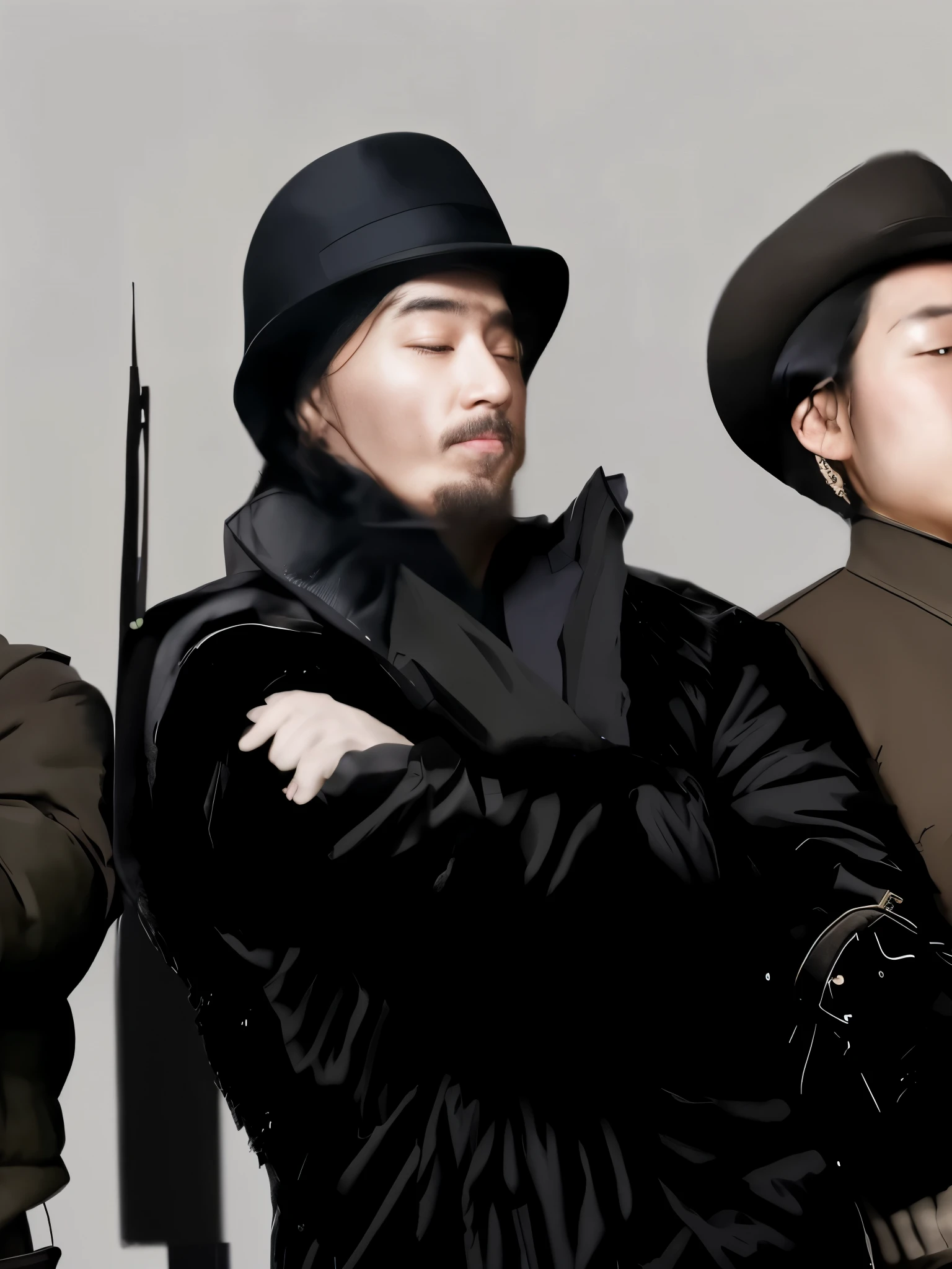 three wearing hats、Men in coats standing side by side, Inspired by Yoshihiko Wada, artexistork in the style of z.exist. arrive, noir film existorld character design, Inspired by Yukihiko Yasuda, Inspired by Xi Gang, Inspired by Gang Huian, 受arrive张僧繇的启发, Inspired by Oka Yasuyu, Inspired by Dong Yuan