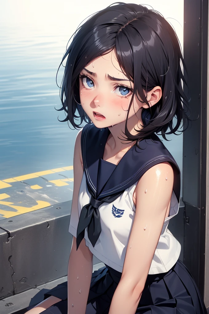 (Photorealistic:1.5), (​masterpiece, Highly detailed 8K CG, Sharp lines), hi-school girl, A dark-haired, Beautiful anime schoolgirl, Smooth Anime CG Art, Beautiful anime schoolgirl, Beautiful anime girl, (-yeld beiful girl:1.2), Detailed skin, (gleaming skin:1.6), (short-hair:1.2), Beautiful black hair, blue Eye, (many streaming sweat:1.5), (sad:1.8), (flat chest:1.6), (gaunt:1.8), (student clothes, a sailor suit, Dark blue pleated skirt:1.4), (sleeveless:1.2), (head shot:2.5), wet, solo, one girl, (shoot from above:1.2), (leaning forward:1.5), Inside the classroom, (open mouth:1.1), (Tight fitting clothes:1.4), (blush:1.0)