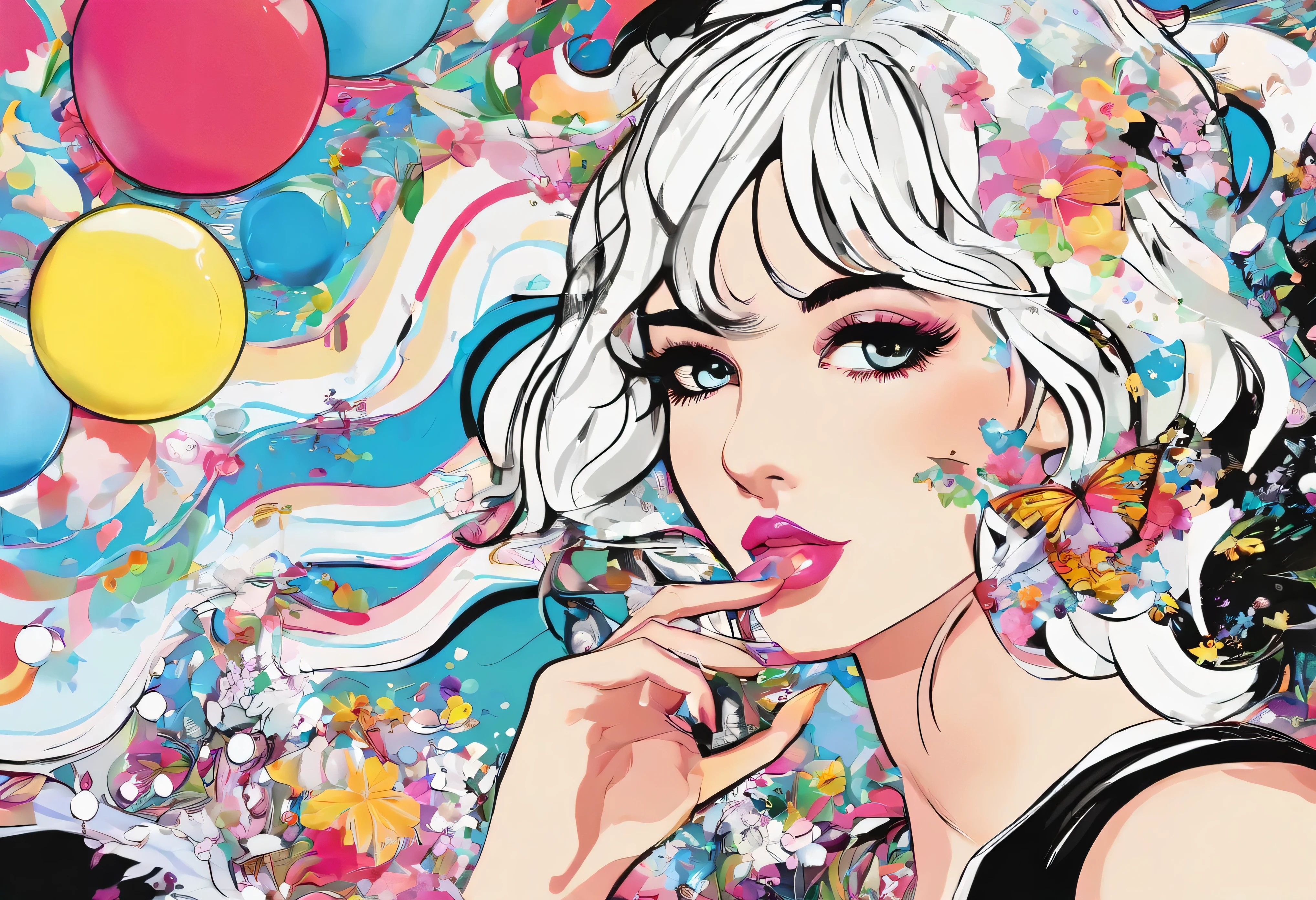 ((highest quality, 8K)), (realistic), (face focus: 1.1), (black and white: 1.3), pretty girl, short hair, hair blowing in the wind, turn to the side, (No sleeve: 1.1)、skirt, D cup breasts,countless soap bubbles, wearing a dress, blonde, next to white tiger