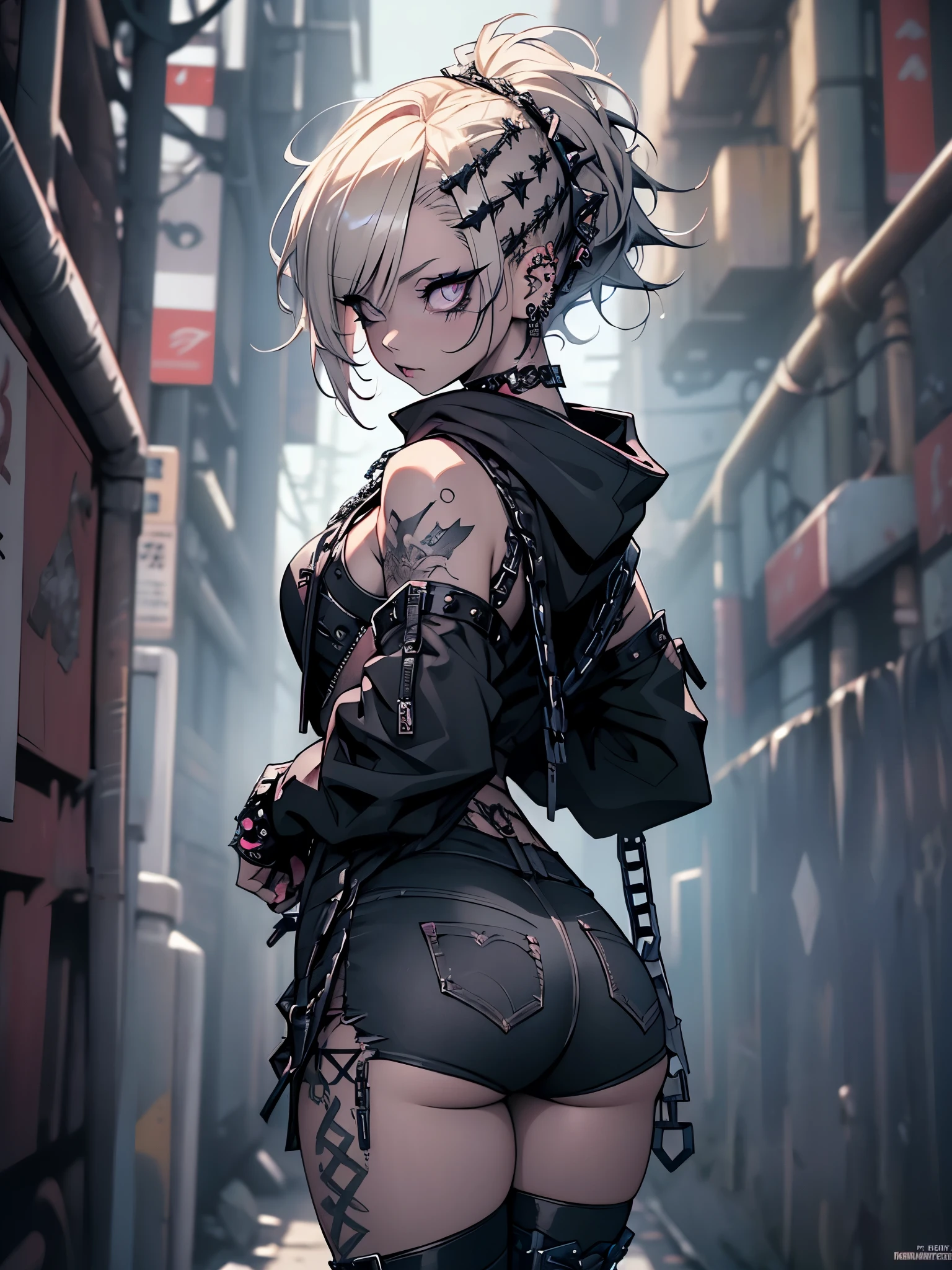 PERFECT MASTERPIECE, EXTREMELY DETAILED CG UNITY 8K UHD QUALITY RESOLUTION WALLPAPER, PHOTOREALISTIC, RAW PHOTO, PERFECT PHOTOGENIC CLARITY, OFFICIAL ART, AWARD-WINNING PORTRAIT, ULTRA HYPER-REALISTIC, ULTRA HYPER-DETAILED, SHINY REALISTIC SKIN, RAY TRACING, GLOWING AMBIENT LIGHT, The most beautiful and sexy gothic punk girl, (very short blonde hair in a shaved mohawk gothic hairstyle:1.3) vibrant moonlight eyes, long detailed eyelashes, blushing, full pouting pink lips, (detailed gothic makeup:1.3) super huge enormously gigantic tits, cleavage showing, gigantic tits bursting out of her outfit, (wearing highly detailed Harajuku-inspired gothic punk hoodie and torn skinny jeans with lots of straps zippers buckles and chains:1.3) tons of tattoos and piercings, looking back at the viewer, lifting her butt up arching her back in a sexy seductive slutty pose, her nice big ass facing the viewer, full body portrait, cowboy shot, cherry blossoms blowing in the wind, dark gothic cyber City background