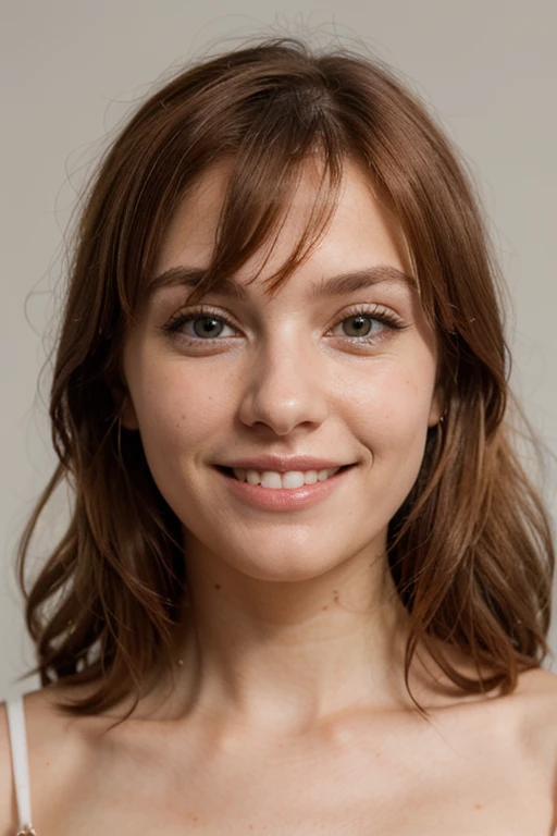 Beautiful close up of a ginger redhair woman facing camera, sexy smiling showing teeth, passport photo with blank background, 8K, Ultra detailed, 1.8 mm, eyes focused, blond hair, frekless 