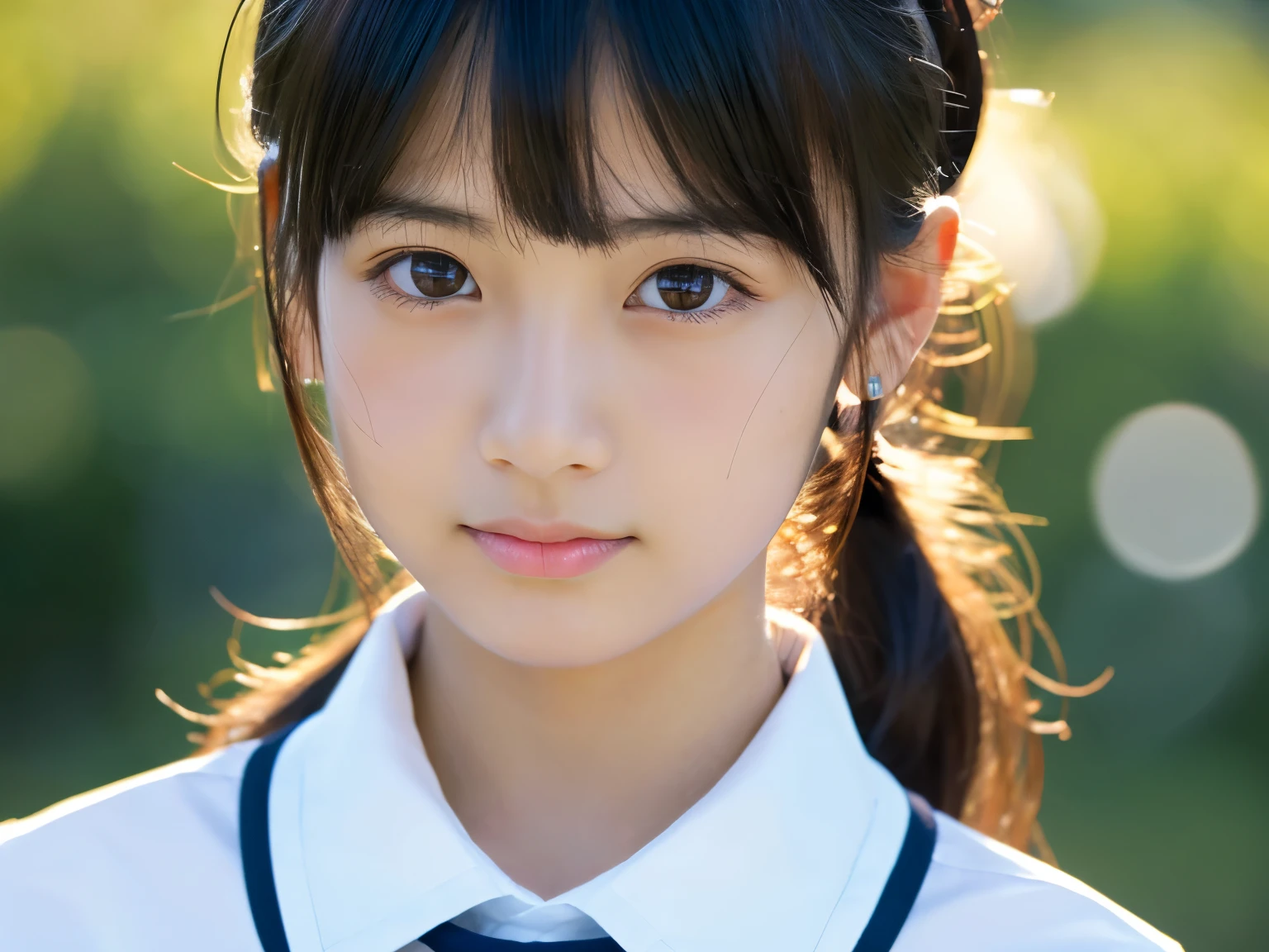 1 girl, alone, japanese girl, 12 years old, (highest quality, realistic, High resolution, 8K, super detailed, detailed face, shiny skin), japanese school uniform, collared shirt, white shirt, ribbon tie, black hair, choppy bangs, ponytail,Staring into the distance