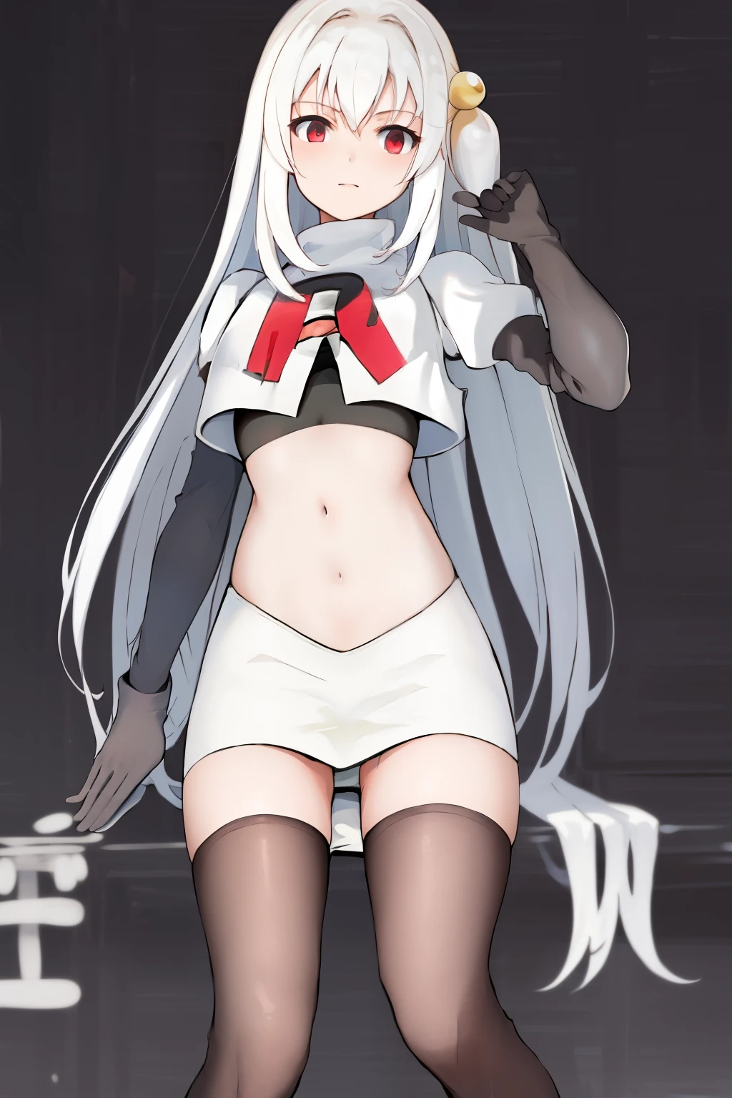 masterpiece, best quality, highres, 1girl ninym ralei hair bobbles ahoge, team rocket,team rocket uniform, red letter R, white skirt,white crop top,black thigh-highs,black elbow gloves,