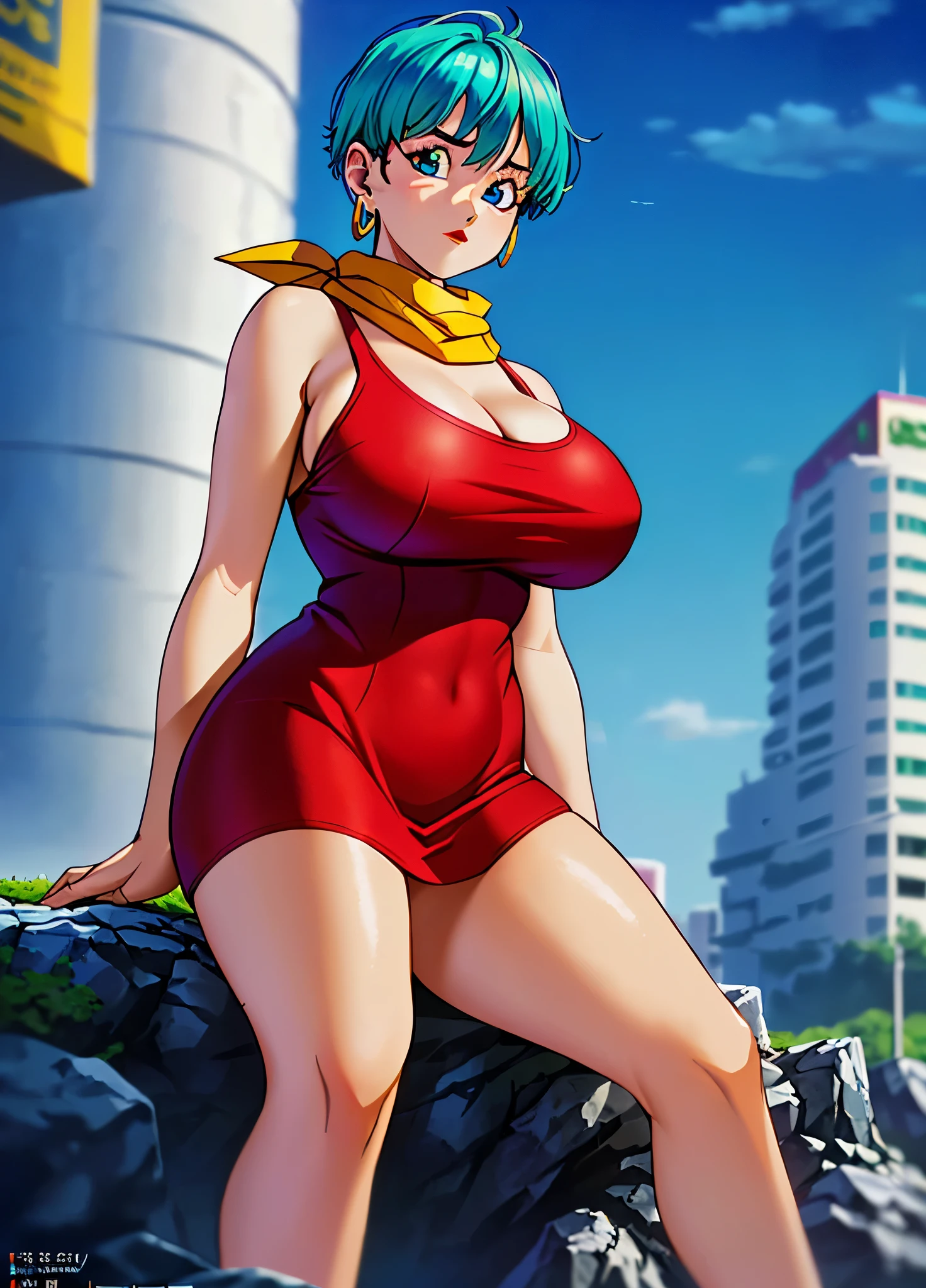 masterpiece, best quality, highest quality, (perfect lighting), (photorealistic), perfect anatomy, perfect face, perfect eyes, 
 bulmadbzreddress, aquamarine hair, short hair, blue eyes, earrings, red dress, yellow scarf, blue sky, clouds, on a cliff looking at a city, (BishoujoMom: 1.5), very tight red dress, legs that open, ((huge breasts, cleavage))), ((thick thighs, hourglass figure)), (topless), 1.5) ((thick red lips), ((blue eyes)), ((aquamarine hair)) photorealistic, photo, masterpiece, realistic, realism,  photorealism, photorealism, high contrast, photorealistic digital art trend on Artstation 8k HD HD realistic detailed, detailed, skin texture, hyper detailed, realistic skin texture, best quality, ultra high resolution (photorealistic: 1.4), high resolution, detailed, raw photo, sharp re, by Lee Jeffries nikon d850 film stock photography 4 Kodak Portra 400 camera F1.6 lens rich colors realistic texture hyper-realistic dramatic lighting unrealEngine trend in ArtStation CineStill 800,