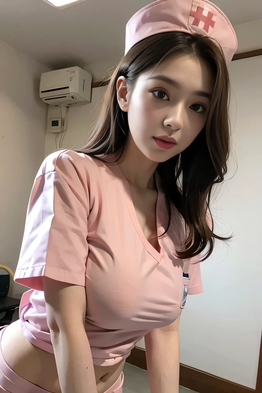 nurse、24-years-old、huge boobs、hospital、pink nurse uniform、various poses、angle from below、I can see the nipples、panties、