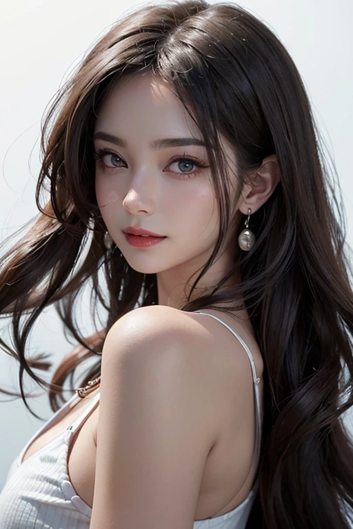 ((最高品質)), ((傑作)), (詳しい), 完璧な顔female, woman, hopeful, smiling, looking at viewer, long hair, wave hair, black hair, red eyes, eyes open, big eyes, pale skin, fair skin, shiny skin, detailed skin, detailed face, tall, slim, t-shirt, piercing, necklace, delicate facial features, 20-year-old, white background, beautiful, light atmosphere, headshot, from front, high brightness colors, highly saturated colors, beautiful, high quality, photorealistic, anime, 3D render, main artwork, voluptuous，ultra detailed, beautiful, woman, happy, blissful, hopeful, intelligent, smiling, looking at viewer, looking ahead, front view, long hair, wavy hair, shiny hair, black hair, pink hair, red eyes, purple eyes, eyes open, big eyes, wide-eyed, pale skin, fair skin, shiny skin, detailed face, detailed skin, pale skin, slim, slender, voluptuous, piercing, earrings, delicate facial features, japanese idol, 20-year-old, young adult, teenager, adult, white background, gray background, flat background, beautiful, cute, light atmosphere, anime, main artwork, icon, soft-edged, 2000s, headshot, from front, front view, full.face, dark red eye, blak hair, real, close up，illumination