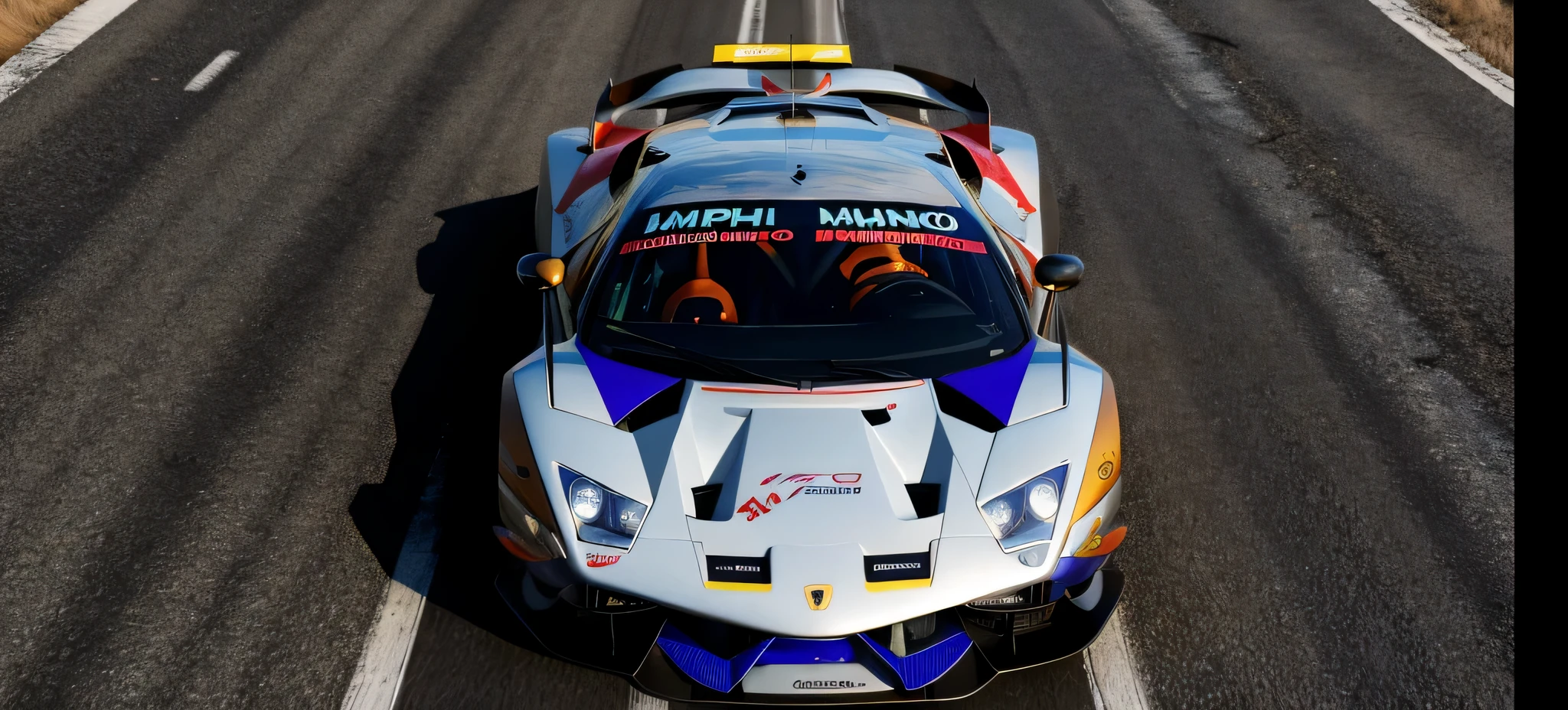 there is a car that is driving down the road with a sticker on it, miura kentaro style, lamborghini, racecar, 3 d render of jerma 9 8 5, veneno, race car, kentaro miura style, sportcar, full car, 8 k highly detailed ❤🔥 🔥 💀 🤖 🚀, happy!!!, hyperdetailed!!