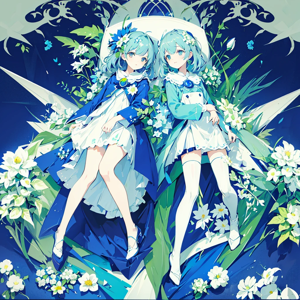 (blue moon, white flower field, green road, geometric pattern), (low contrast, flat color, limited palette)