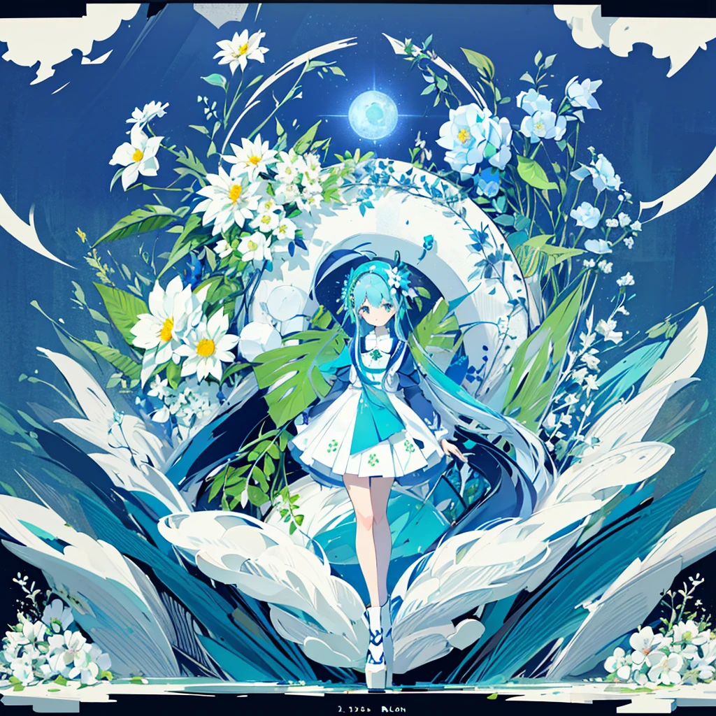 (blue moon, white flower field, green road, geometric pattern), (low contrast, flat color, limited palette)