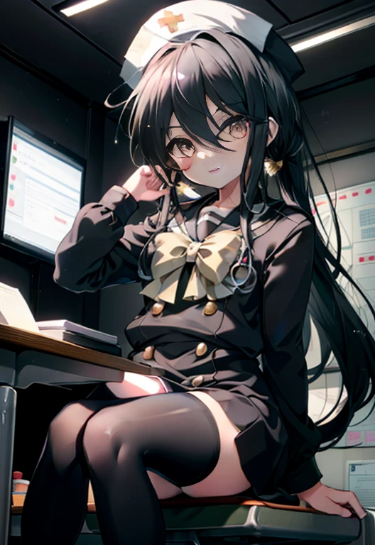 masterpiece, highest quality,Highly detailed CG Unity 8K wallpaper, 
1 girl,Shana,black hair,brown eyes,smile,nurse uniform,Nurse hat,White tights,office,Looking at medical records,I have my hair tied back in a round shape.,sitting cross-legged on a chair
