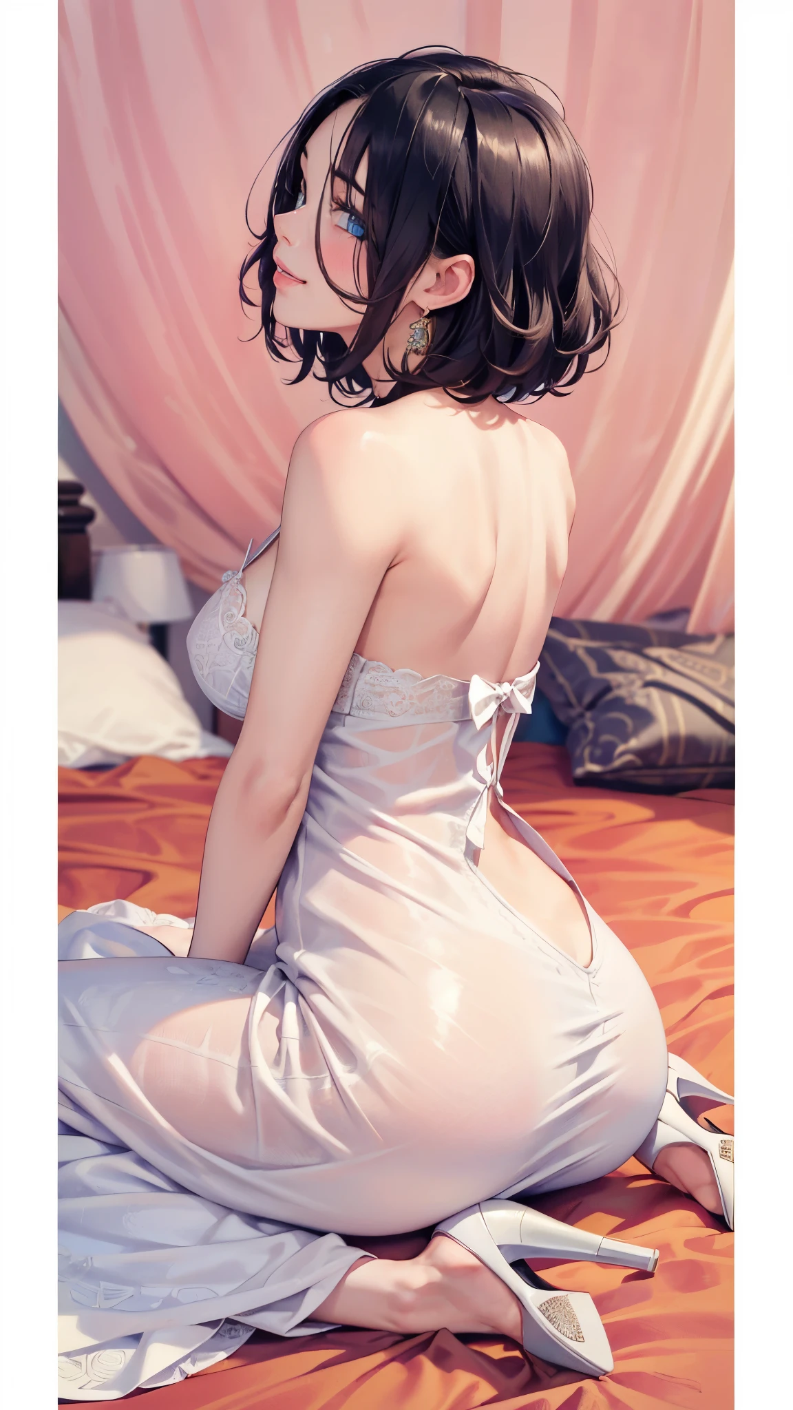 ((((masterpiece, best quality, high resolution)))), (1girl:1.5), ((short silky hair, black hair, blue eyes, sharp eyes)), (average breasts:1.2), blush, (cheeky smile, parted lips), (seductive look), glow, thighs, bare shoulders, collarbone, narrow waist, (slender body figure), (beautiful detailed face, beautiful detailed eyes), (white satin nightgown, thin material, high heels), nighttime, bedroom