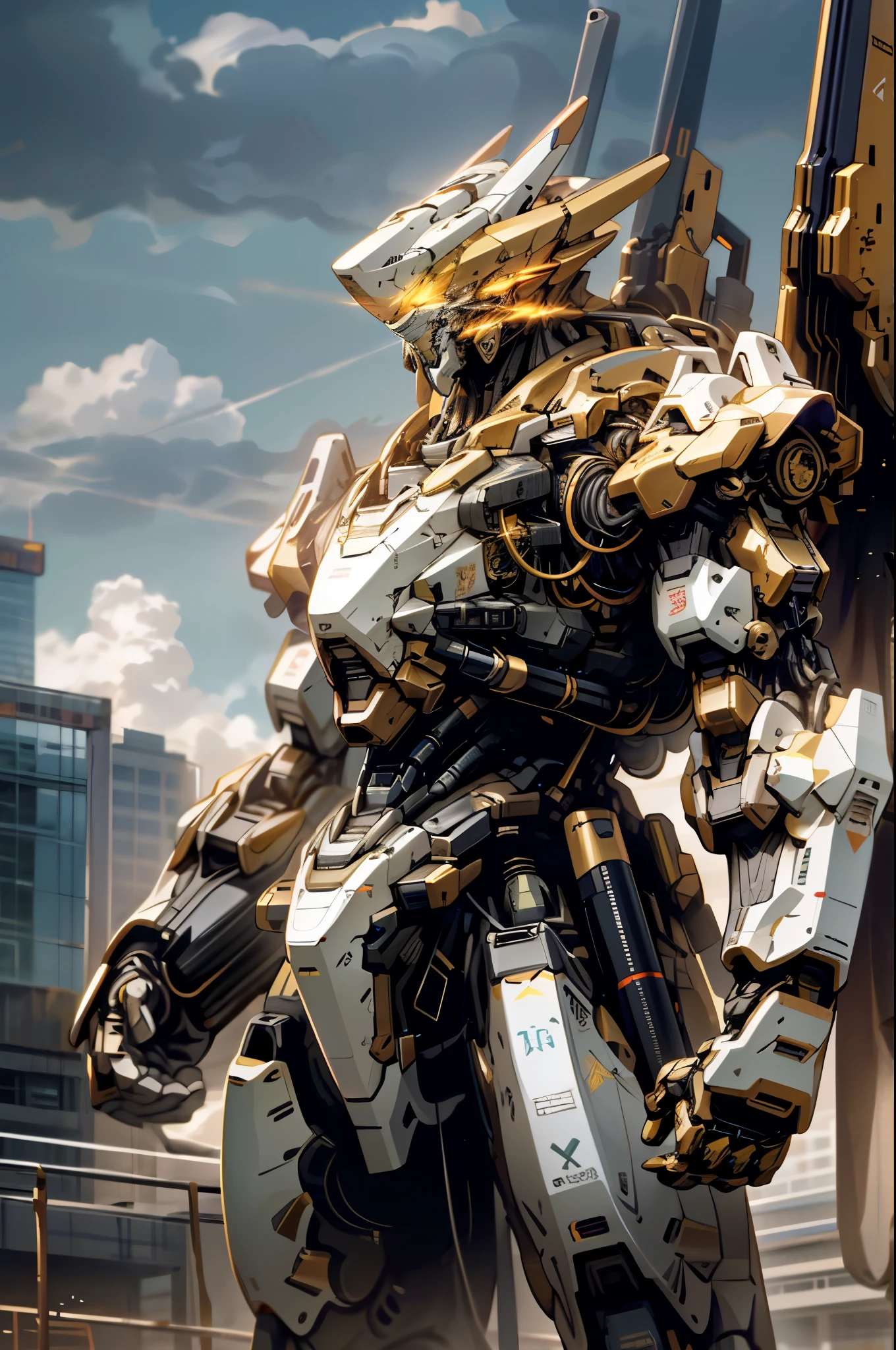 8K, Ultra-detailed, Ultra high resolution, sky, cloud, holding_weapon, no_humans, glowing, , robot, building, glowing_eyes, mecha, science_fiction, city, realistic,mecha, gold biggest robot, fire wings