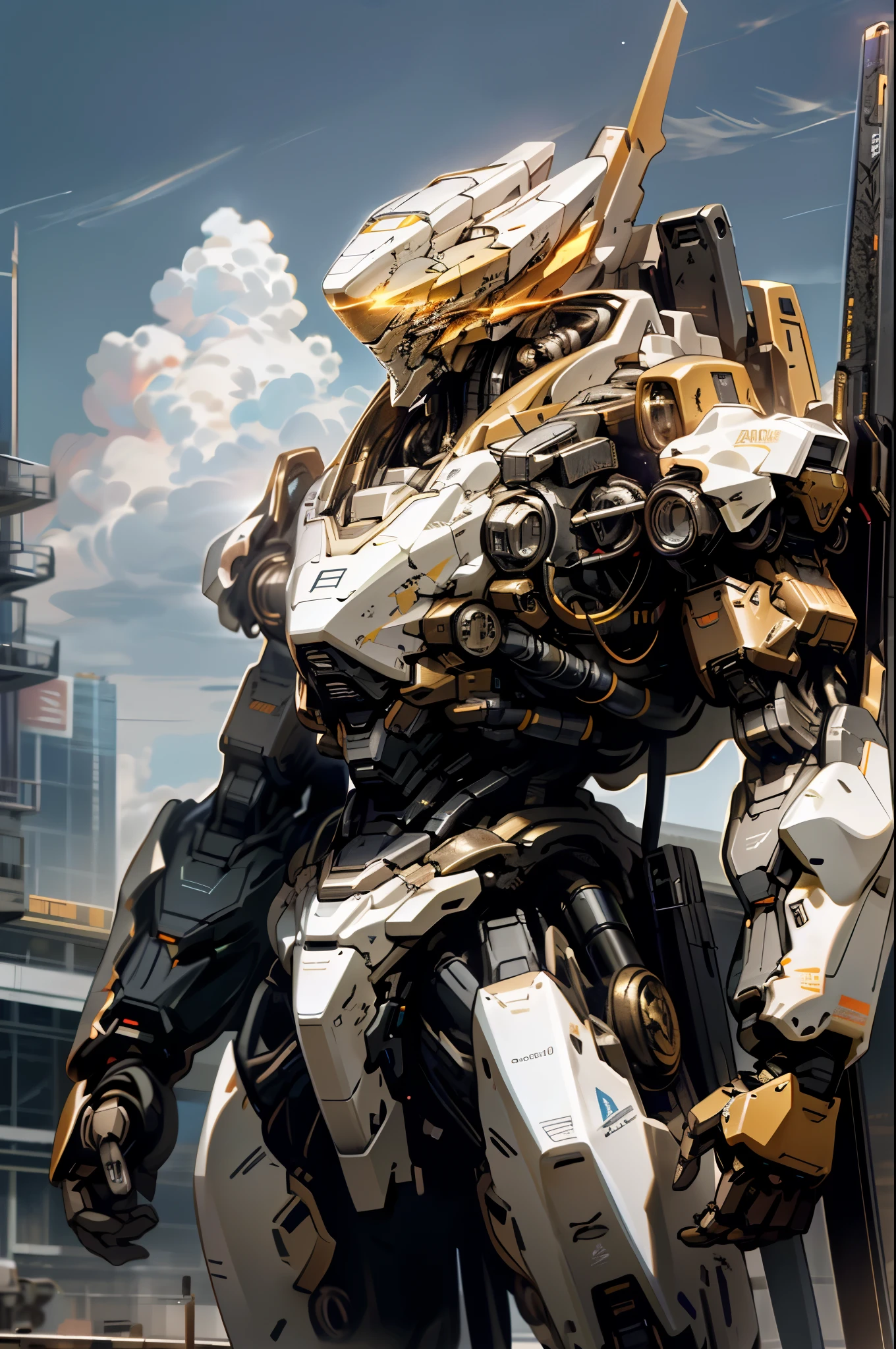 8K, Ultra-detailed, Ultra high resolution, sky, cloud, holding_weapon, no_humans, glowing, , robot, building, glowing_eyes, mecha, science_fiction, city, realistic,mecha, gold biggest robot, fire wings