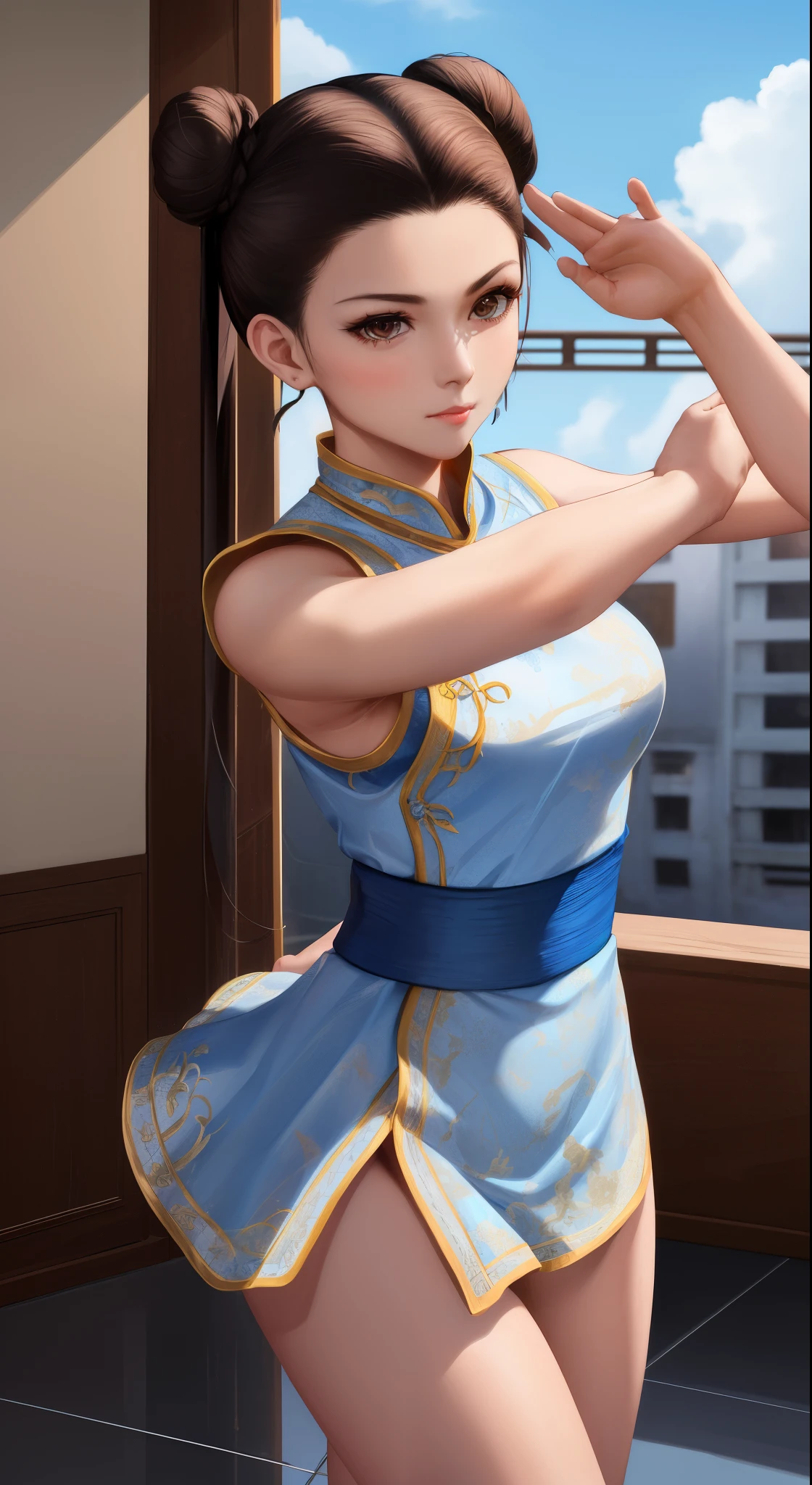 Paichang, Blue ribbon ponytail, brown eyes, double bun,bright hair,Kungfu pose standing, alone , , combat readiness,
Paiati,White Mini Cheongsam, band, mini skirt、white panties、, sleeve less,
marble floor, blue sky, cloudy, evening,
(Extremely detailed, beautiful detailed face, masterpiece, highest quality)