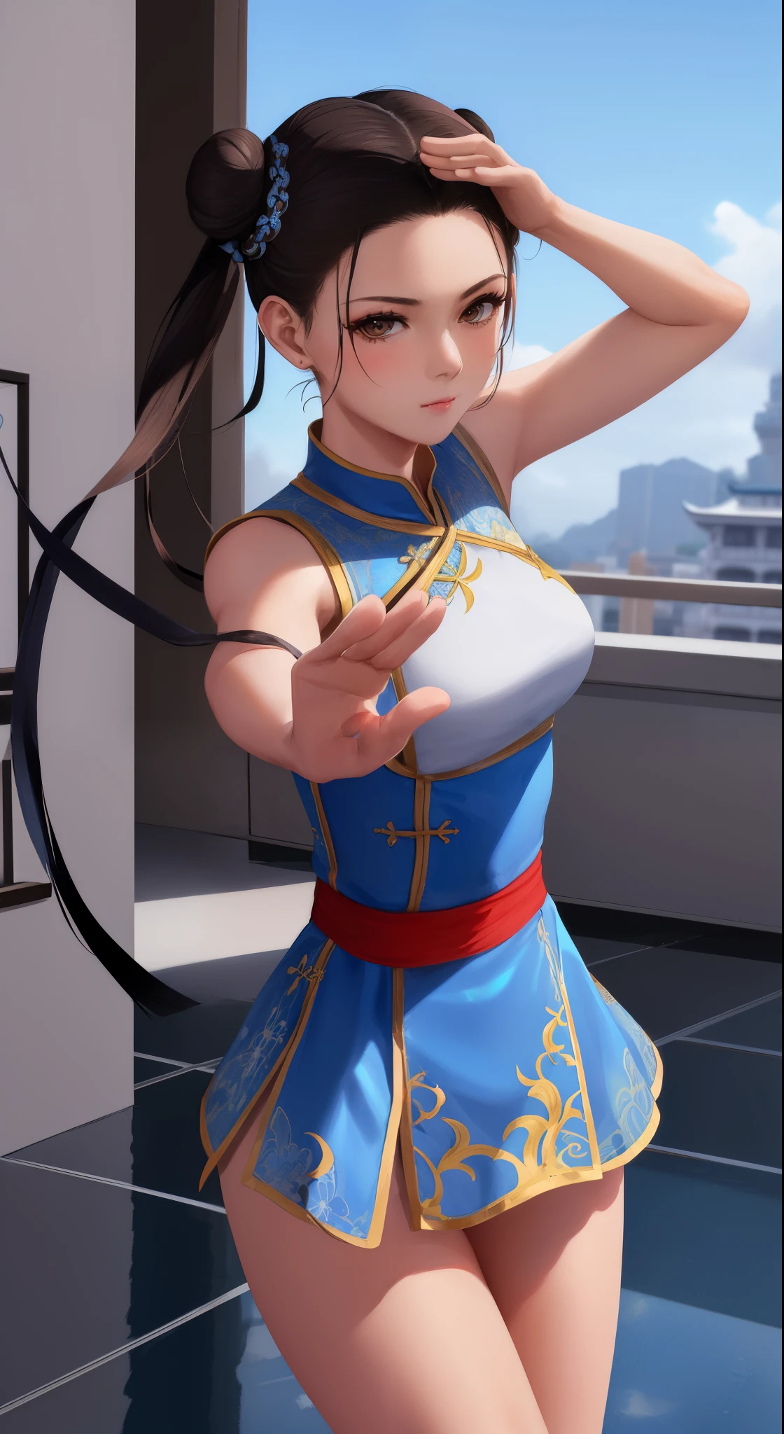 Paichang, Blue ribbon ponytail, brown eyes, double bun,bright hair,Kungfu pose standing, alone , , combat readiness,
Paiati,White Mini Cheongsam, band, mini skirt、white panties、, sleeve less,
marble floor, blue sky, cloudy, evening,
(Extremely detailed, beautiful detailed face, masterpiece, highest quality)