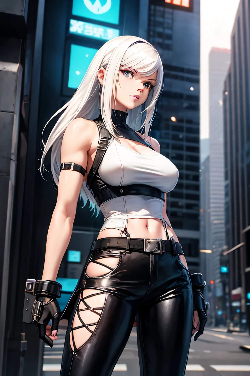 A cyberpunk female figure，Ray traching，Many-Layer Textures，largeaperture，depth of fields，Surface Coloring，very complex details，shadowing（HighDynamicRange）MAXIMUM DEFINITION，post-proces，Material interactions are precisely simulated with each other，Delicate face，low chest，Bare shoulders，，nabel，upper legs，perfectly proportions，超高分辨率，blanche