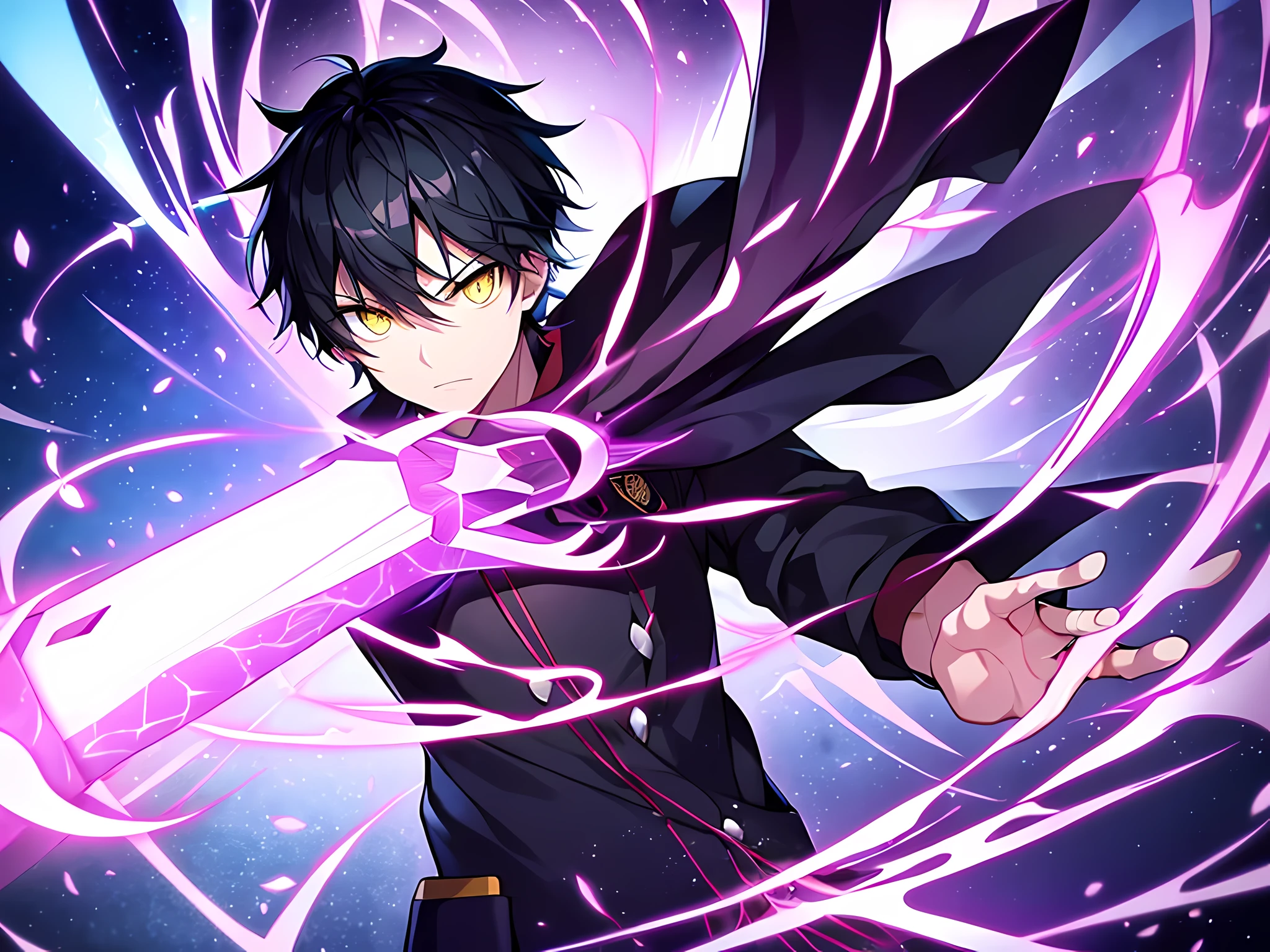 a man with a black short hair, yellow eyes, wearing white school shirt, an epic anime of a energy man, this character has red glowing aura on her body, colorful glowing magic spell in the air, swirling portal, dark magic, anime wallaper, trigger anime artstyle, epic anime style, high quality anime artstyle, badass anime 8 k, 4 k manga wallpaper, striking manga artstyle
