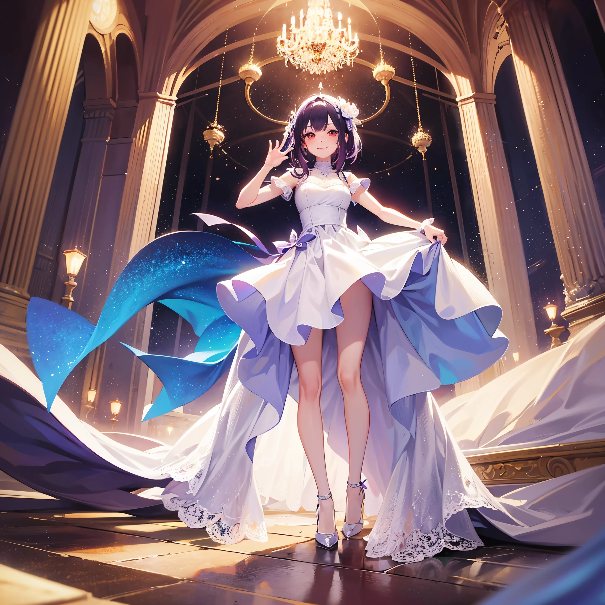 1girl,solo, glossy purple hair, long hime cut, intricated lace dress, short dress, white dress, smile, red eyes, looking the viewer, posing, hands on hip, great palace, white palace, heels