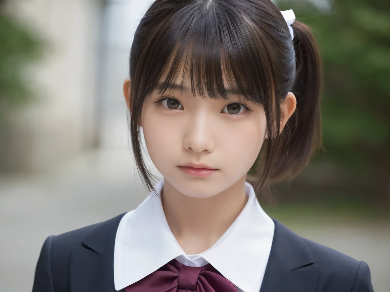 1 girl, alone, japanese girl, ************, (highest quality, realistic, High resolution, 8K, super detailed, detailed face, shiny skin), japanese school uniform, collared shirt, white shirt, ribbon tie, black hair, choppy bangs, ponytail,Staring into the distance