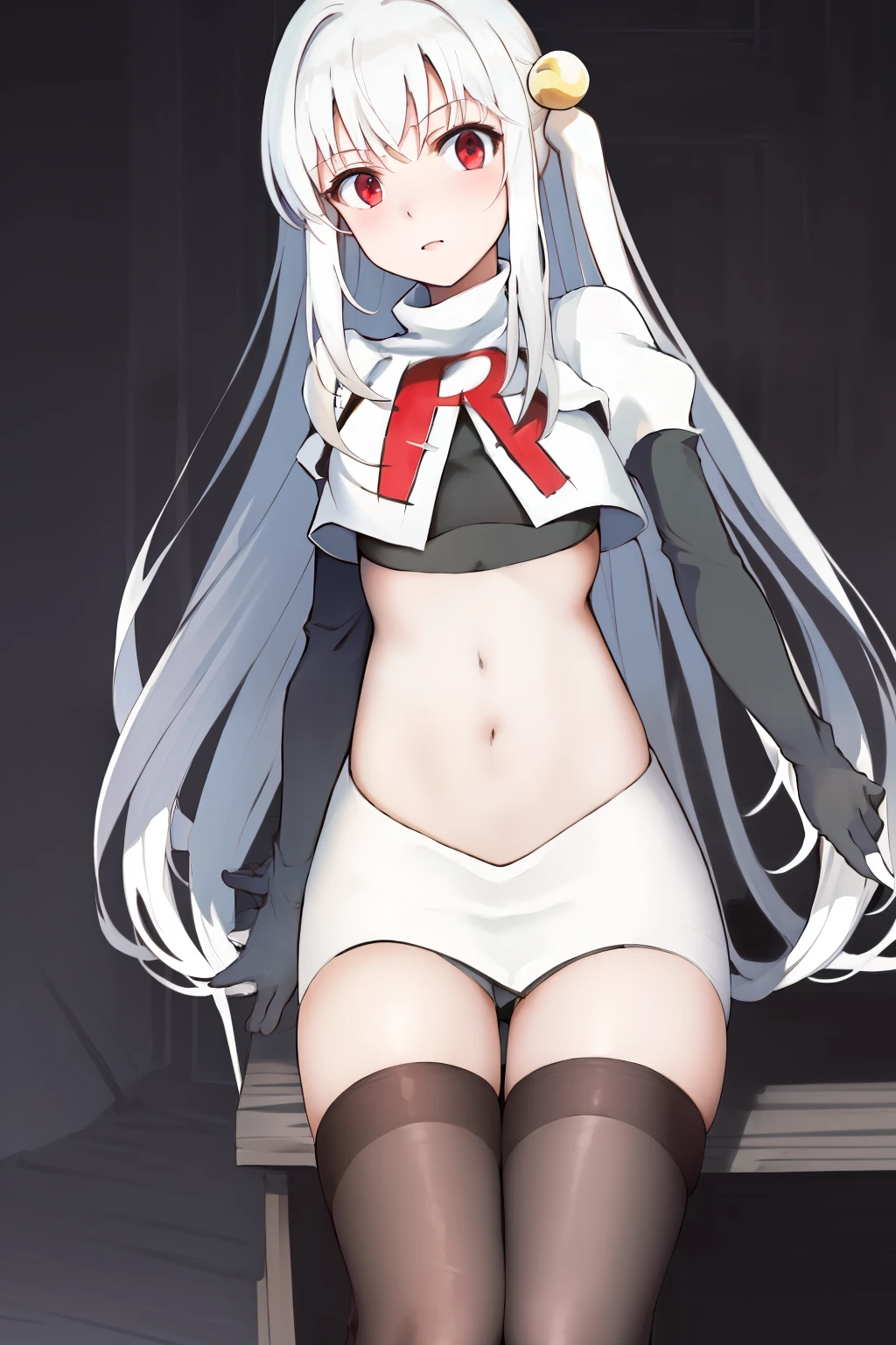 masterpiece, best quality, highres, 1girl ninym ralei hair bobbles ahoge, team rocket,team rocket uniform, red letter R, white skirt,white crop top,black thigh-highs,black elbow gloves,