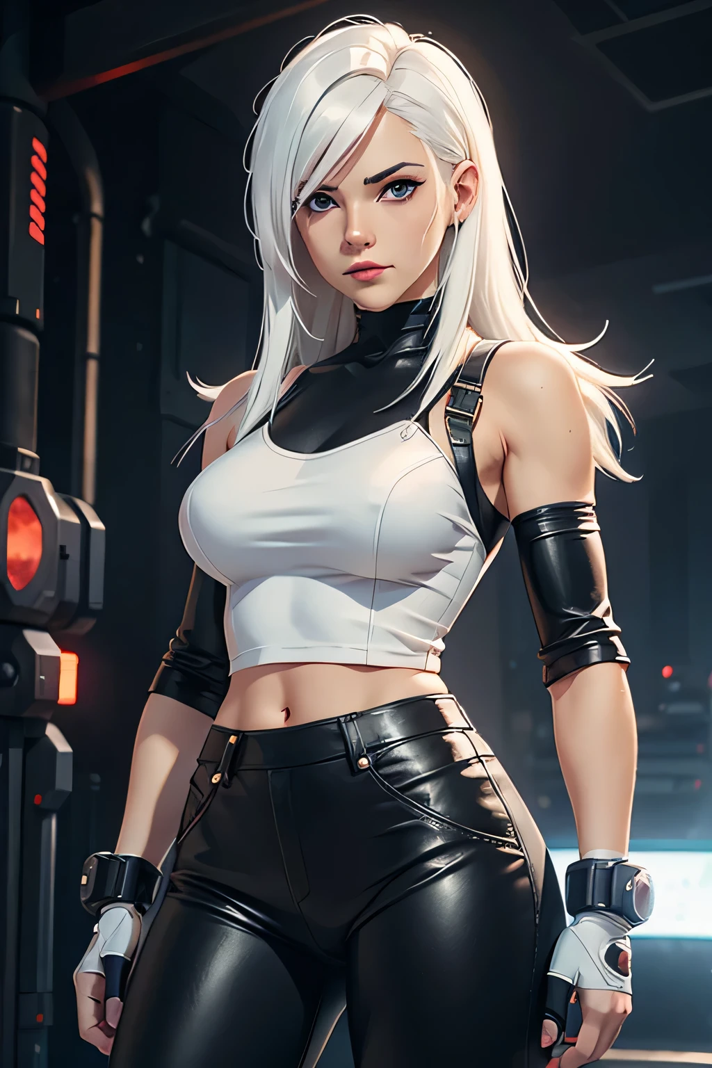 araffed woman in leather pants and a white top posing for a picture, tifa lockhart with white hair, perfect white haired girl, photorealistic anime girl render, badass anime 8 k, seductive anime girl, 2 b, 2b, cyberpunk anime girl, female cyberpunk anime girl, girl with white hair, white haired, cyborg - girl with silver hair, spike bracers