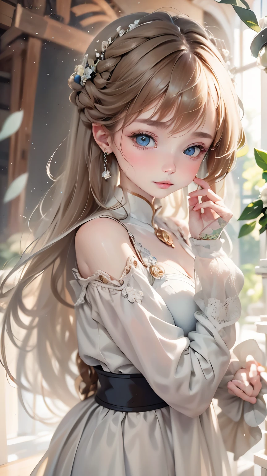 blurred background、anatomy、Russian20Talented Woman、small face、detailed beautiful eyes、plump lips、detailed eyes and face、fascinating eye color、long eyelashes、1 girl、skin like white porcelain、Soft and delicate skin、bangs are short、medium long hair、brown hair、careful depiction of hair、An ennui look、elegant posture、Natural light、Impressionist painting style、great atmosphere、silence、rosy cheeks、born、highest quality、High resolution、masterpiece:1.3、8k