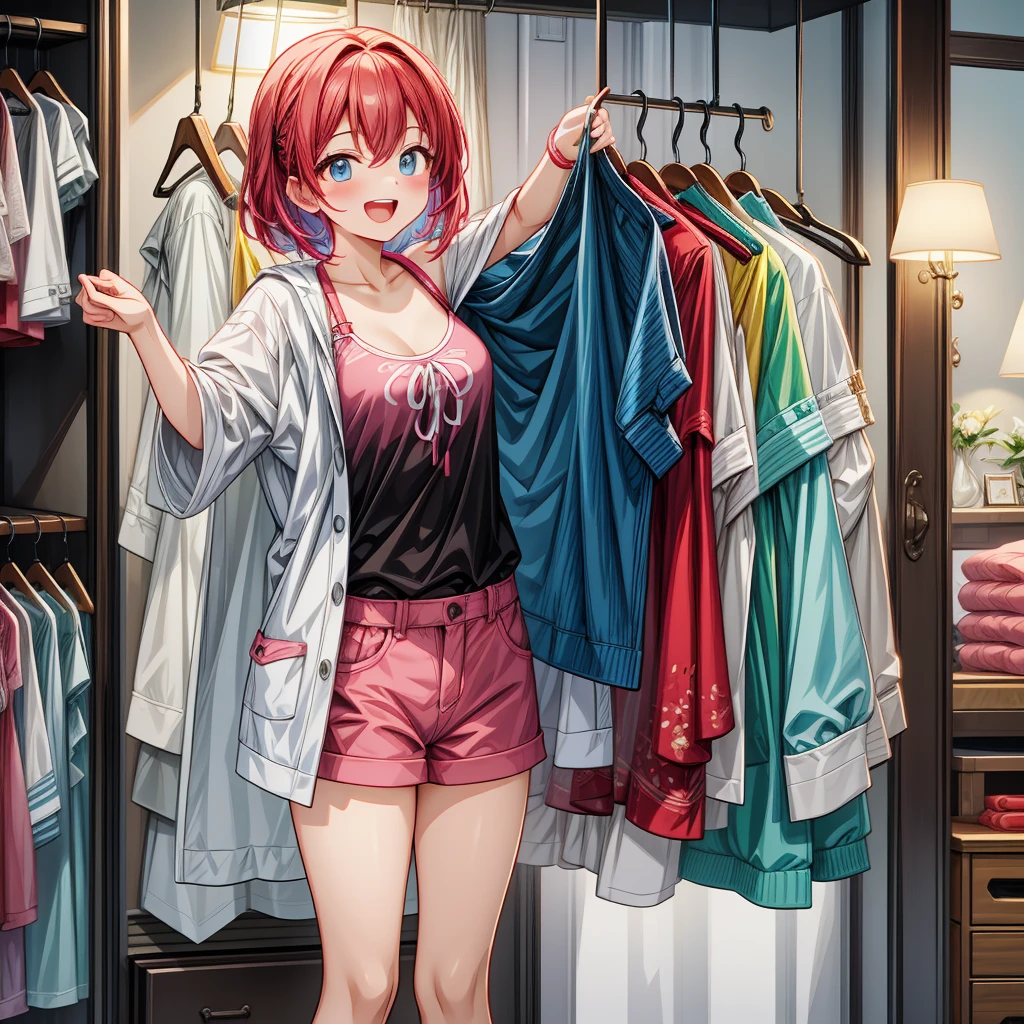 (best quality,high resolution:1.2), anime style, Cute girl changing clothes scene, (she is laughing while changing her clothes:1.4), detailed and luxurious background, Changing rooms in women's fashion stores, vibrant colors, soft lighting, Stylish atmosphere