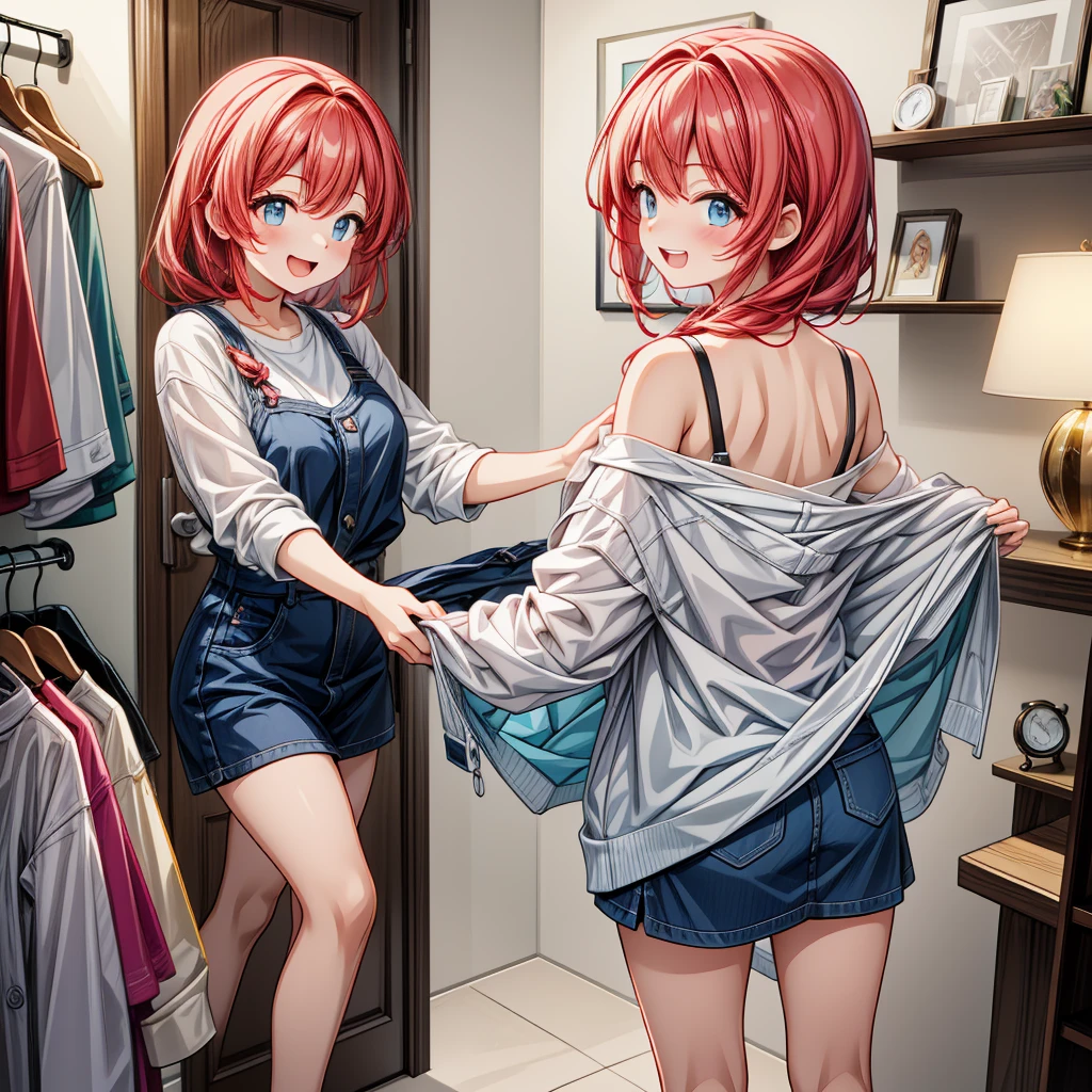 ,illustration of a woman in clothing store, 1990s patterned shirt with sweater jacket, belly folds, belly sticking out above bottoms, tight red jeans, love handles, chubby belly, skinny:1.3, skin indentation, deep skin, best quality, extremely high resolution, sharp focus, dynamic, inside a clothing store (creativity:1.3), (((small chest))) ((nipples visible through shirt))