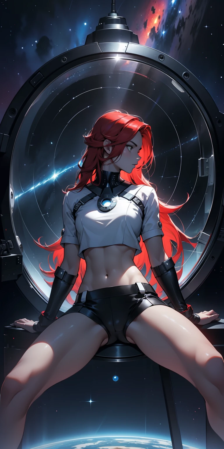 Photo, Best quality, high resolution 8k, ultra detailed, (masterpiece:1.2), best quality, masterpiece, highres, original, extremely detailed wallpaper, perfect lighting,(extremely detailed CG:1.2),
most beautiful ager,17 yite skin, European, long hair, very red hair,hair combed back,perfect body, toned,exuberant exotic, narrow waist, slim thighs, thigh gap, very well detailed,mini skirt, crop top, Jessie pokemon,
space,(starship porthole:1.3), (spread legs:1.3), (standing:1.1), thigh gap, pose, sideview, perfect hands, bright starship interior, (outer space view:1.1), (orbital view:1.3), (night, stary sky:1.5), milky way