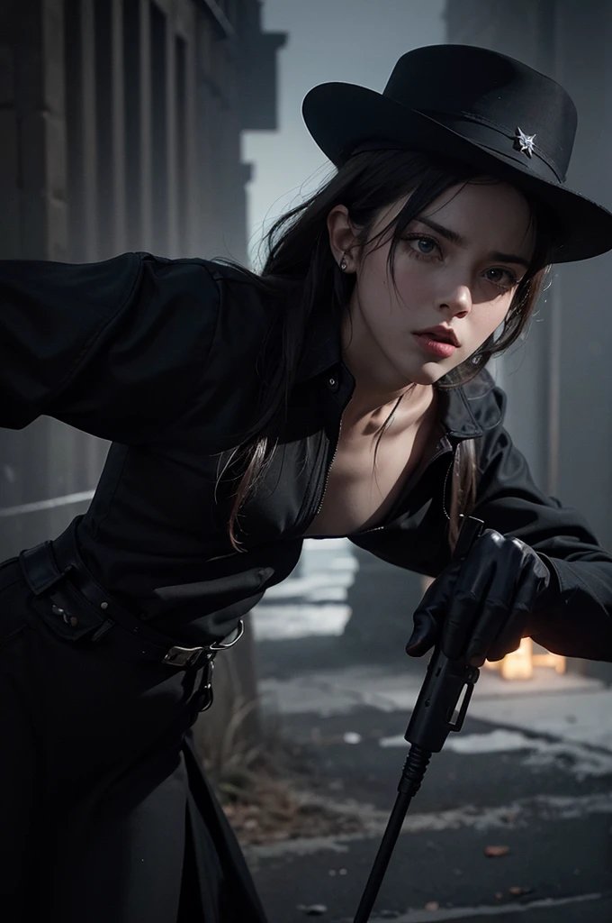 rana grande,red glasses,police hat,in gothic city,accompanied by 1 slave,realistic,cinema,movie,(best quality,4k,8k,highres,masterpiece:1.2),ultra-detailed,(realistic,photorealistic,photo-realistic:1.37),softly lit,moody atmosphere,dark colors,expressive lighting,expertly composed,dimly lit streets,long shadows,dramatic angles,cinematic framing,urban environment,gritty texture,haunting ambiance,immersive experience,ethereal feel,noir aesthetics,intriguing storyline,character development,dynamic plot,twists and turns,suspenseful moments,intense emotions.