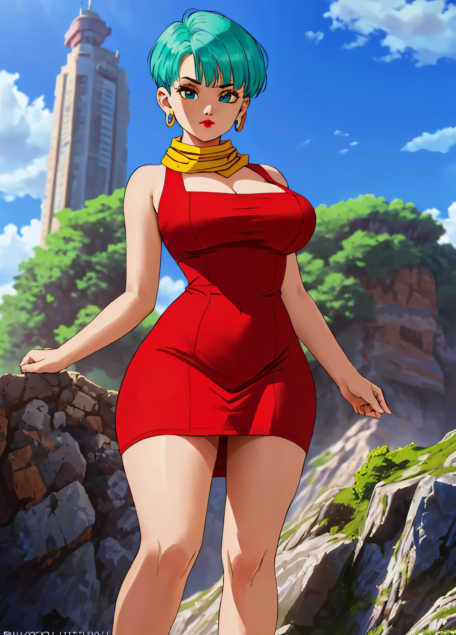 masterpiece, best quality, highest quality, (perfect lighting), (photorealistic), perfect anatomy, perfect face, perfect eyes, 
 bulmadbzreddress, aquamarine hair, short hair, blue eyes, earrings, red dress, yellow scarf, blue sky, clouds, on a cliff looking at a city, (BishoujoMom: 1.5), very tight red dress, legs that open, ((huge breasts, cleavage))), ((thick thighs, hourglass figure)), (topless), 1.5) ((thick red lips), ((blue eyes)), ((aquamarine hair)) photorealistic, photo, masterpiece, realistic, realism,  photorealism, photorealism, high contrast, photorealistic digital art trend on Artstation 8k HD HD realistic detailed, detailed, skin texture, hyper detailed, realistic skin texture, best quality, ultra high resolution (photorealistic: 1.4), high resolution, detailed, raw photo, sharp re, by Lee Jeffries nikon d850 film stock photography 4 Kodak Portra 400 camera F1.6 lens rich colors realistic texture hyper-realistic dramatic lighting unrealEngine trend in ArtStation CineStill 800,