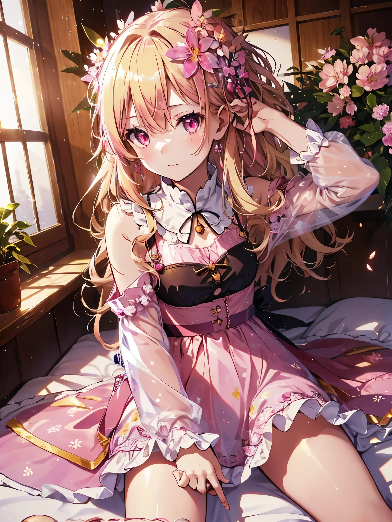 最high quality,table top,1 girl, blonde mature hair, (((long blonde hair))),Bright pink eyes like jewels,(((Pink eyes))), long hair, magical ***********, Small cherry blossom one-point hair ornament、Princess, adventurous girl, fine, condescending expression, zettai ryouiki, cherry blossom earrings, natural otaku, moonlight,under the moon,laughter、lemons、full body shot、master piece, high quality, High resolution, alone、(masterpiece:1.6、最high quality), (fine and beautiful eyes:1.2), 1 girl, room、perfect hand,look up(masterpiece:1.6、最high quality), (fine and beautiful eyes:1.2), 1 girl, Report, underwear、(((Light pink dress)))、perfect hand,((Peeking out from directly below))、(((shoot from below)))、turn your arms behind your back、be quiet, From above,（(spread your legs wide)） Both thighs are thick, shaggy,