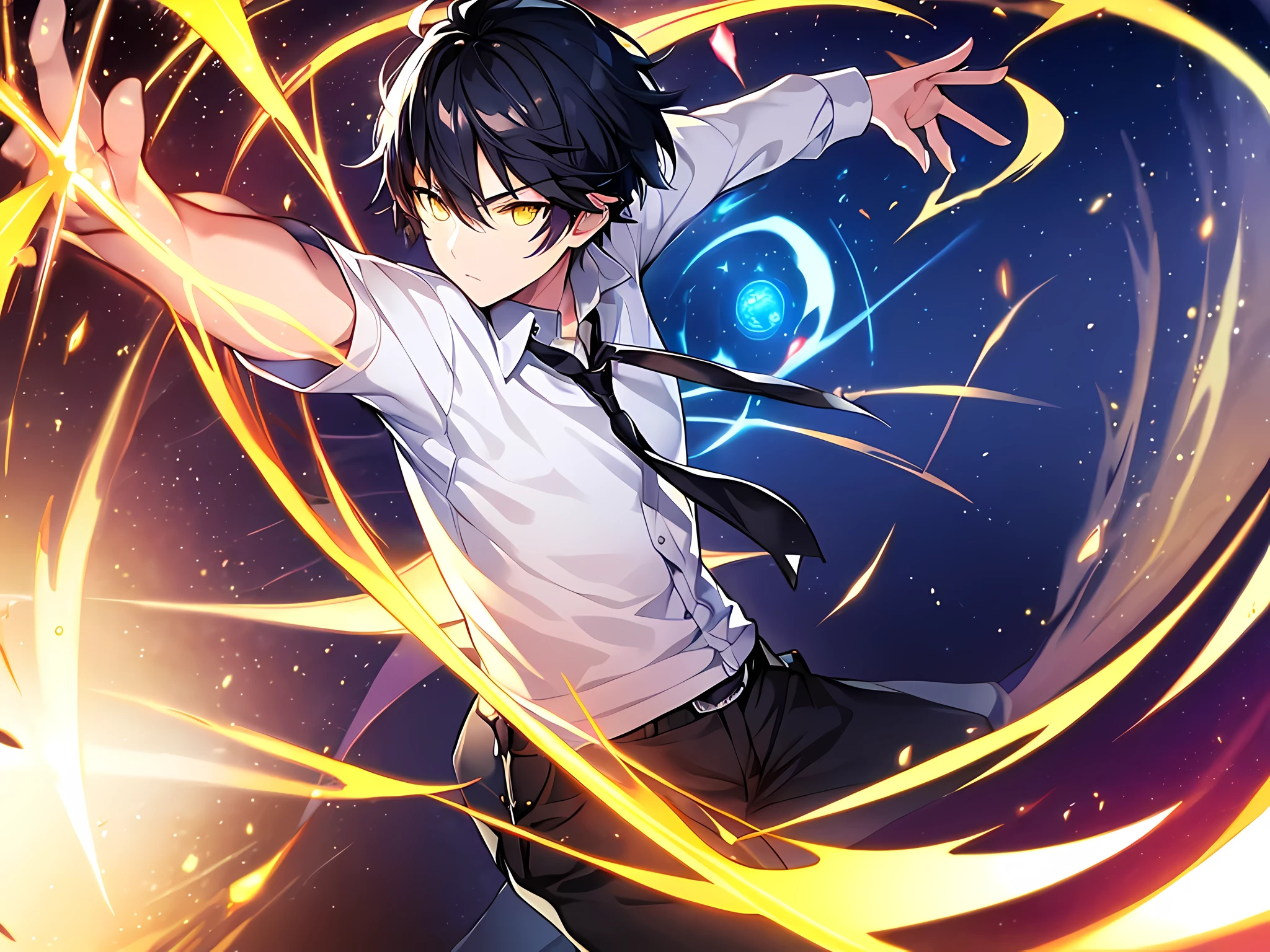 a man with a black short hair, yellow eyes, wearing white school shirt, an epic anime of a energy man, this character has red glowing aura on her body, colorful glowing magic spell in the air, swirling portal, dark magic, anime wallaper, trigger anime artstyle, epic anime style, high quality anime artstyle, badass anime 8 k, 4 k manga wallpaper, striking manga artstyle