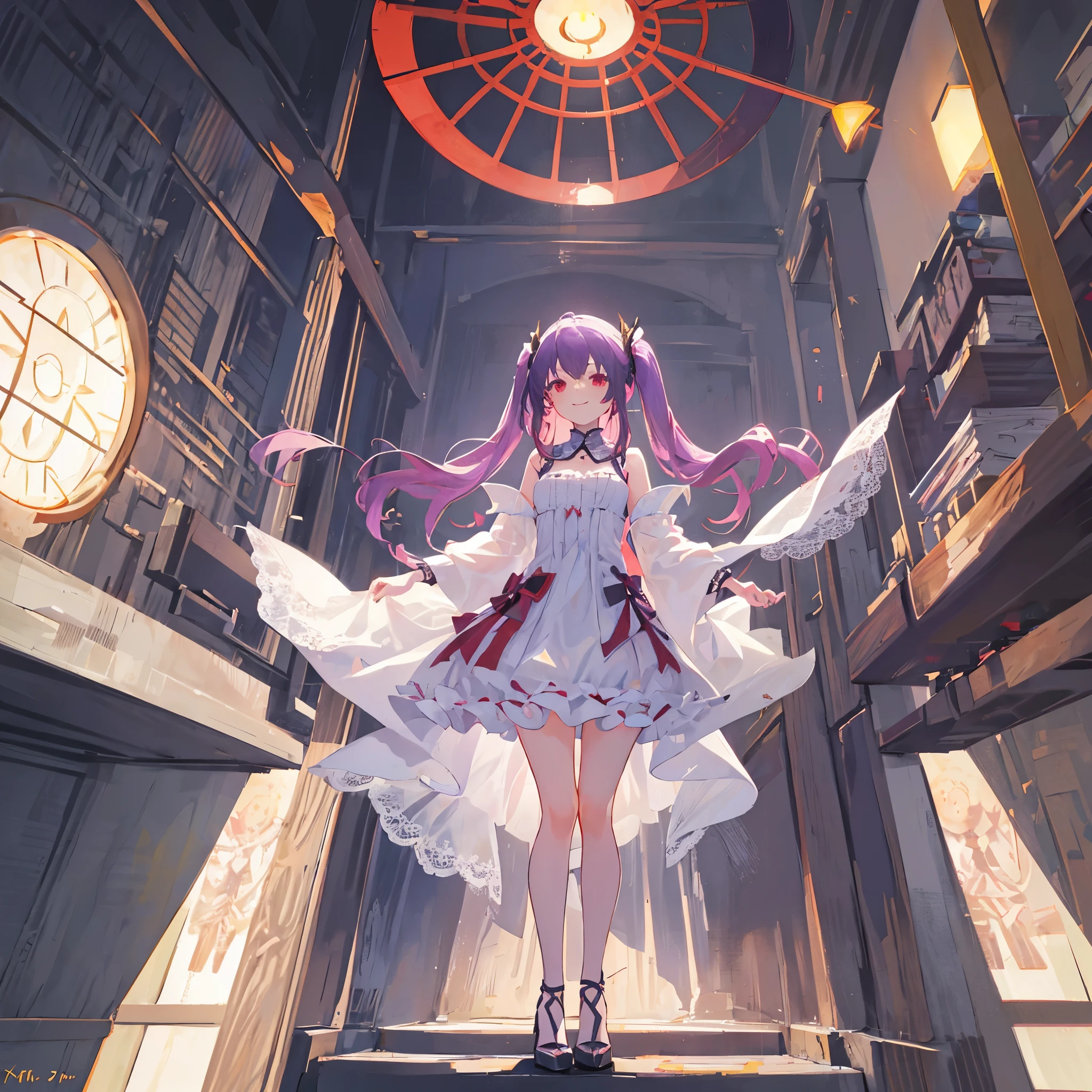 1woman,solo, glossy purple hair, long hime cut, intricated lace dress, short dress, white dress, smile, red eyes, looking the viewer, posing, hands on hip, great palace, white palace, heels