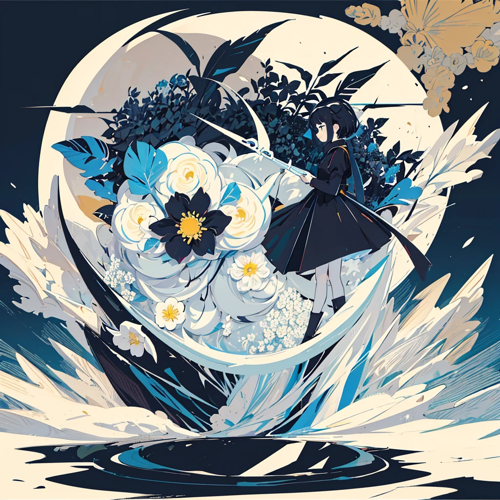 (moon, black flower field, geometric pattern), (low contrast, flat color, limited palette)