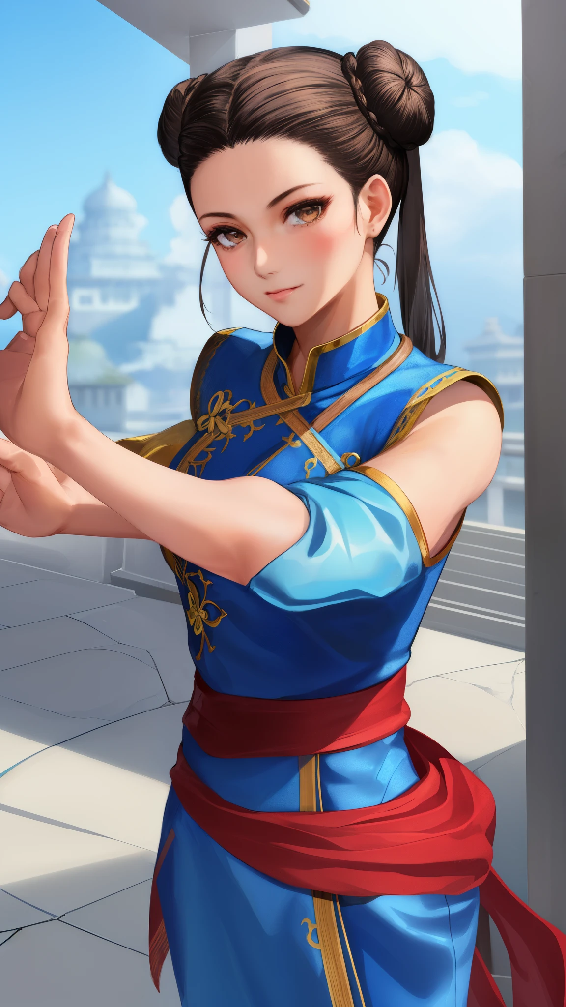 Paichang, Blue ribbon ponytail, brown eyes, double bun,bright hair,功夫ポーズAre standing, alone , , combat readiness, Paiati,White Mini Cheongsam, band, mini skirt、white panties、, sleeve less, marble floor, blue sky, cloudy, evening, (Extremely detailed, beautiful detailed face, masterpiece, highest quality)Paichang, Twin blades with blue ribbon, brown eyes, double bun,black hair,Are standing, alone , Upper body, combat readiness,
Paiati,blue chinese dress, 赤いband, pants, sleeve less,
marble floor, blue sky, cloudy, evening,
(Extremely detailed, beautiful detailed face, masterpiece, highest quality)