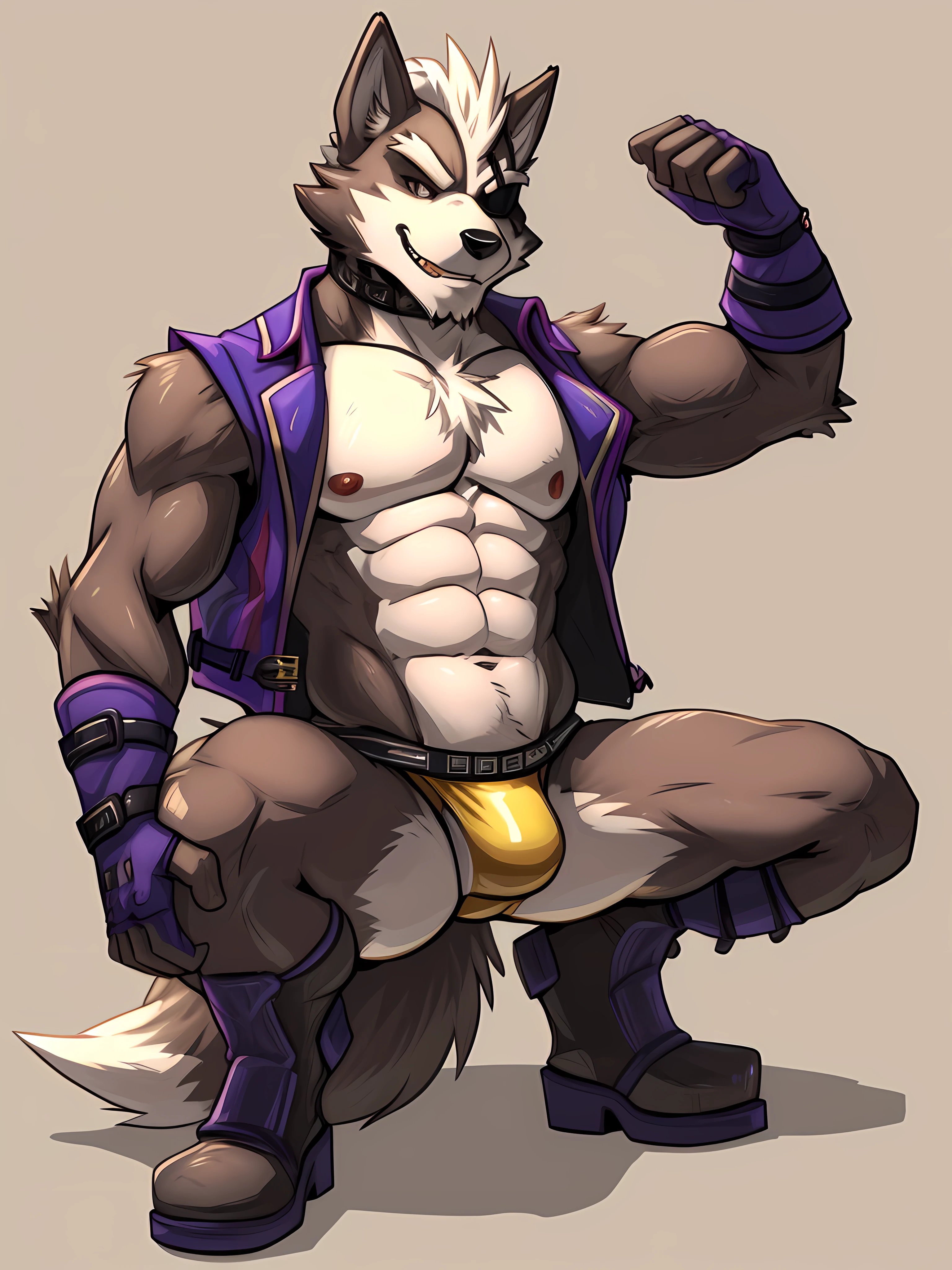 ((lofnirv)), nintendo, wolf o'donnell, canid, canine, canis, mammal, wolf, anthro, eye patch, eyewear, fur, gloves, grey body, grey fur, hair, handwear, jockstrap, male, confident, dominant, dominant male, smile, solo, tail, teeth, topless, underwear, hi res, best quality, masterpiece, simple background, white background,