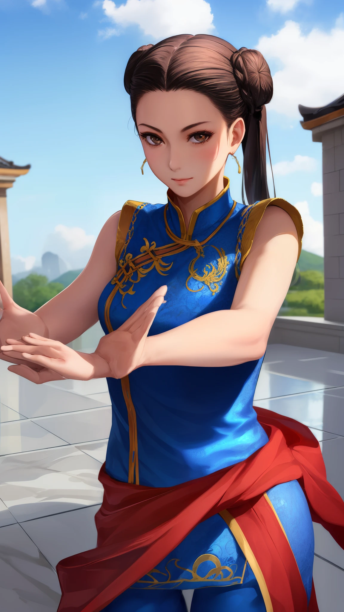 Paichang, Blue ribbon ponytail, brown eyes, double bun,bright hair,Kungfu pose standing, alone , , combat readiness,
Paiati,White Mini Cheongsam, band, mini skirt、white panties、, sleeve less,
marble floor, blue sky, cloudy, evening,
(Extremely detailed, beautiful detailed face, masterpiece, highest quality)