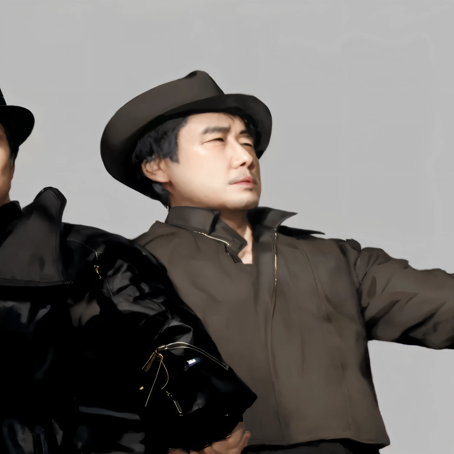 Two of them are wearing hats、Men in jackets standing side by side, Black world character design, thick lips，Inspired by Yoshihiko Wada, noir detective and a fedora, guweiz style artwork, houdini render, Inspired by Zhang Sengyao, Characters in concept art, subsurface scattering skin, Inspired by Zhang Lu