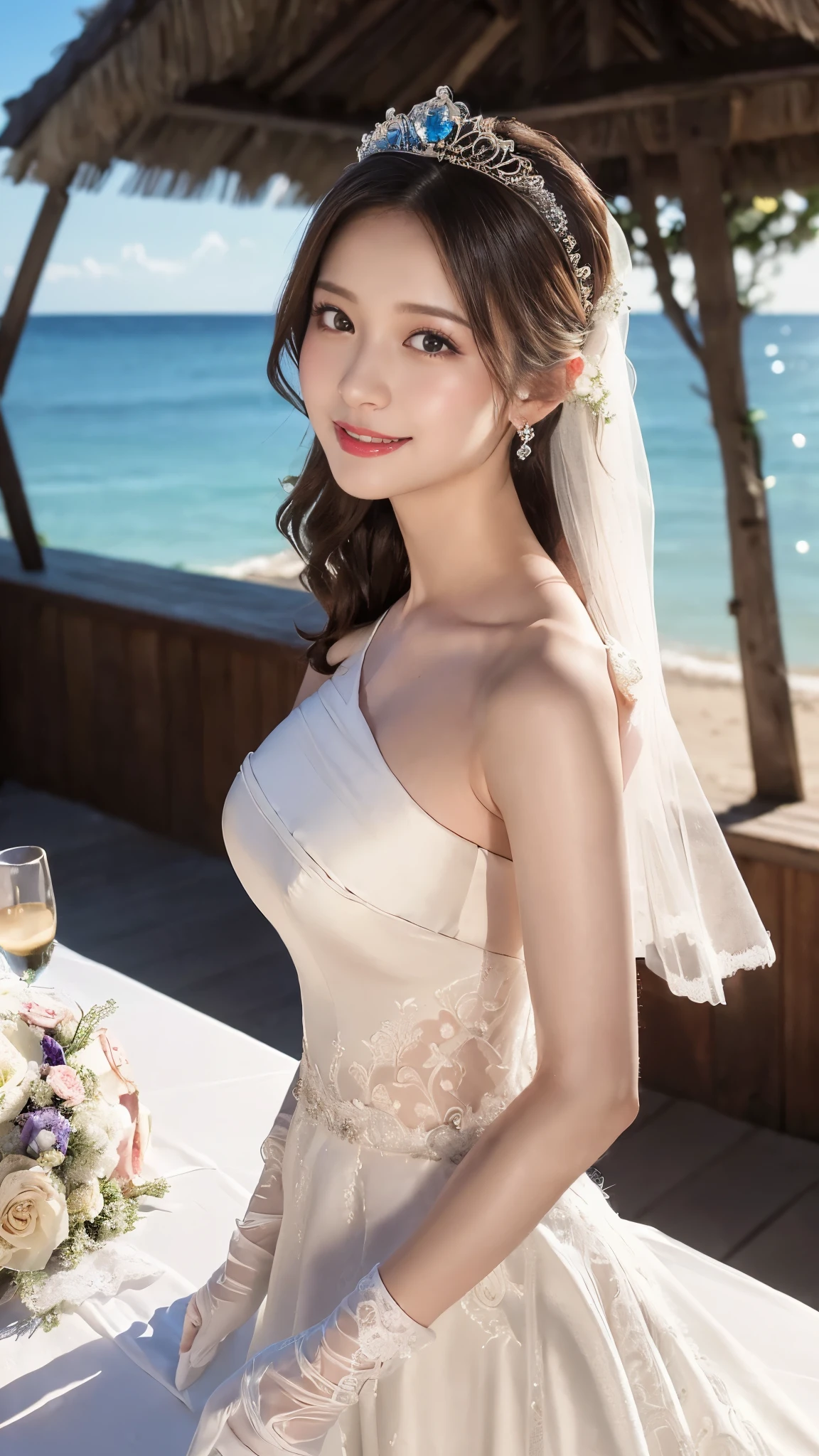 (best quality, on the table:1.2), (actual:1.3), (Super detailed background, Detailed background), Bokeh,taken from the side,  ((huge breasts)), [[valley]],(Princess line wedding dress:1.3),(((one shoulder:1.3))), Bridal tiara, wedding veil, bridal gloves,  Upper body, (Wedding venue near the beach:1.2), smiling,Big breast,Big breast,