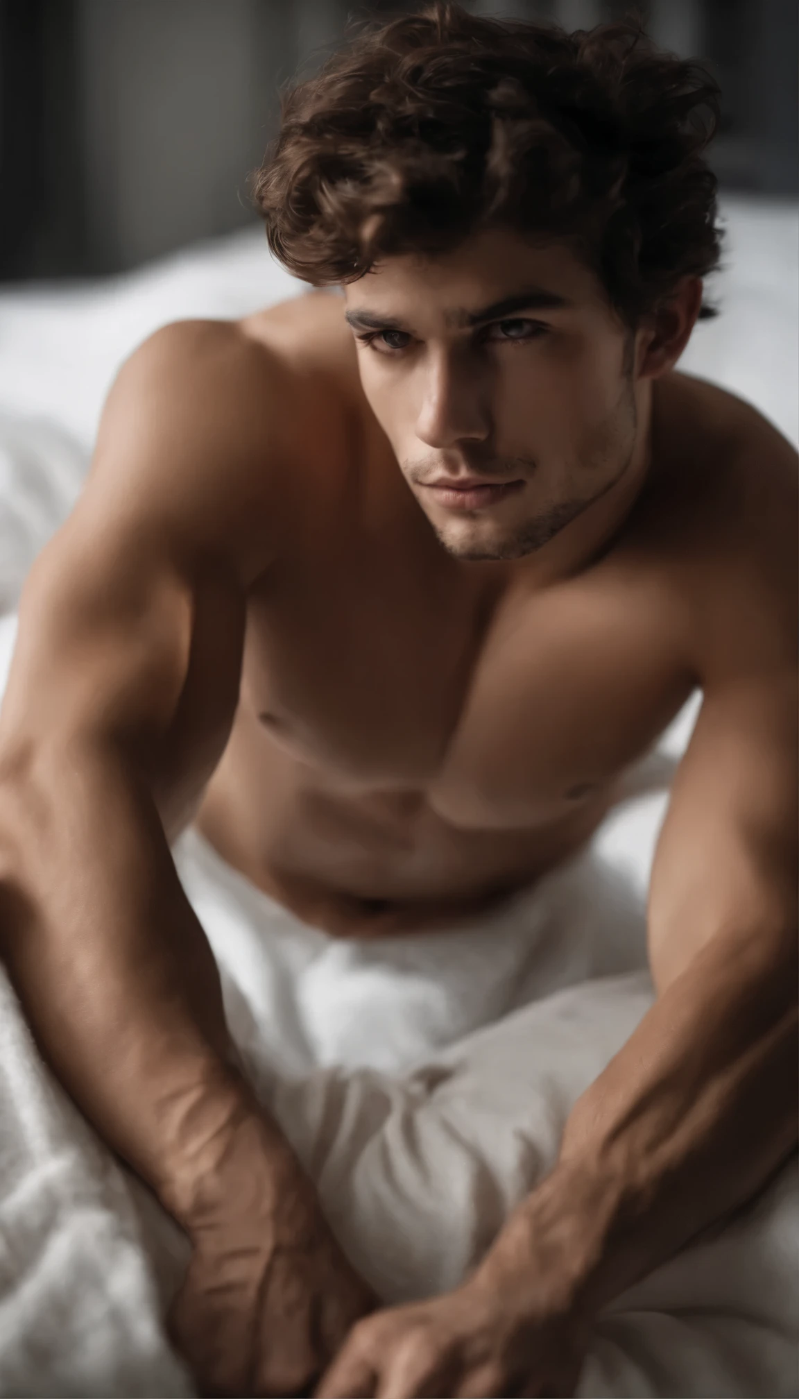ultra mais alto rosto detalhado,Retrato de um modelo masculino bonito, 18 anos, not shirt, mais nu, sem barba, with dark and messy wavy hair, olhos azuis super claros, pale white skin, olhos claros, olhos brancos, thick lips, Defined muscles, encaixar, corpo rasgado, tiro de corpo inteiro, noite, Darmatic Illumination, luz fraca, cuecas curtas apertadas de boxer, tight underwear, cuecas, Apertado, deitou-se de costas na cama, pernas abertas