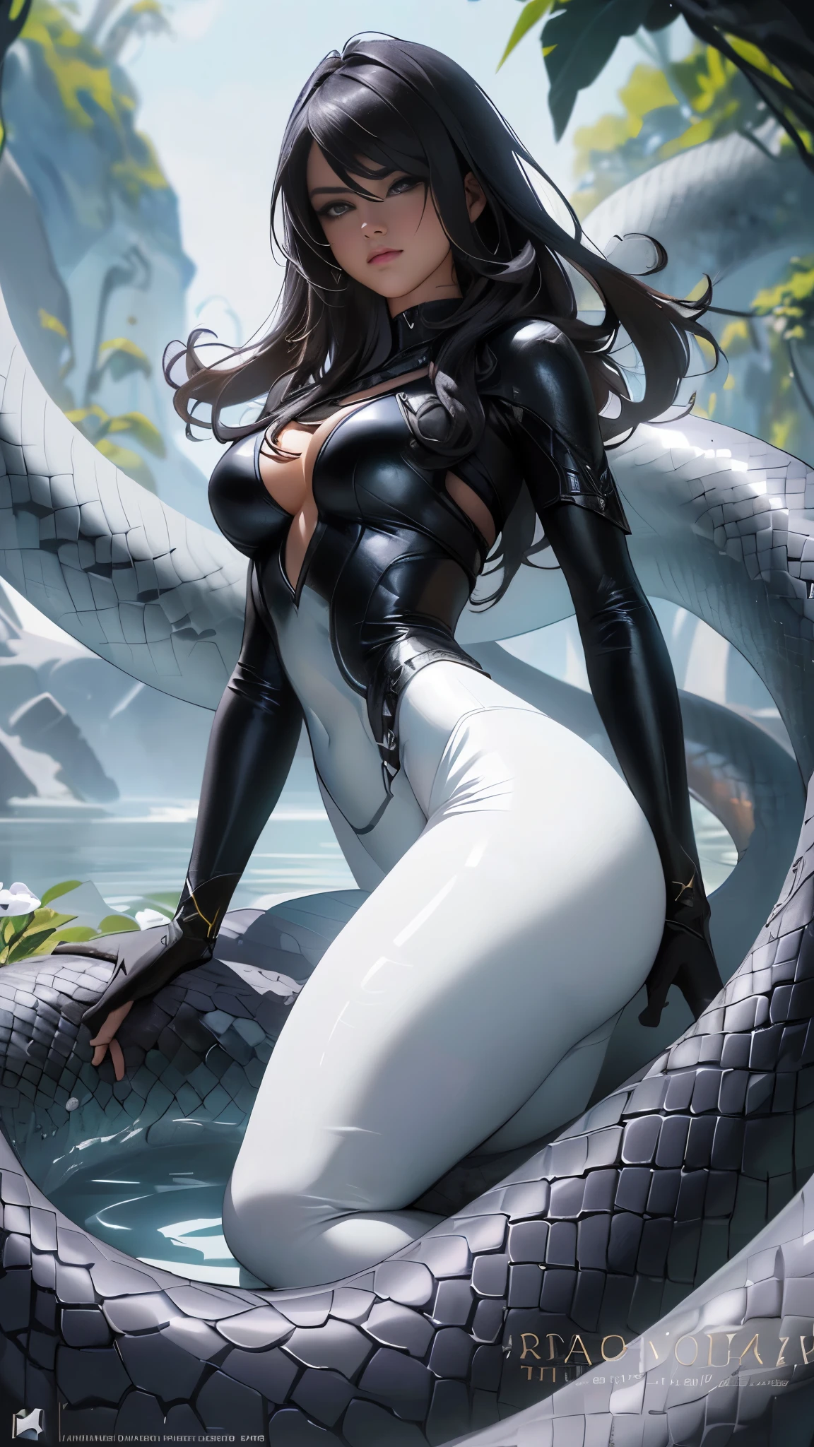 (La mejor calidad,A high resolution,Ultra - detallado,actual), Selena Gomez con un bodysuit blanco con una serpiente, Reina de las serpientes, lamia, hasta el modelo | germen de arte, WLOP y Rossdrew, Arte de Wlop, 2. 5 d cgi anime fantasy artwork, tendencia en cgstation, wlop ross dibuja, extremely detailed germen de arte, Arte detallado de alta calidad 8k, fanart best art station, (hermosos ojos azules), (fondo piedras grandes negro:1.4) , (pose vaquero ), (realistic) ,Arte detallado de alta calidad 8K, Fanart Mejor ArtStation, Fantasy art style , (bikini violeta :1.4),(serpiente blanco gigante:1.4), (bodysuit white de serpiente:1.4) ,(cabello white canoso largo:1.4),( fondo agua realistic cristalina) ,(Perfect anatomy ), (anaconda gigante blanco), (leggings white:1.4 ),