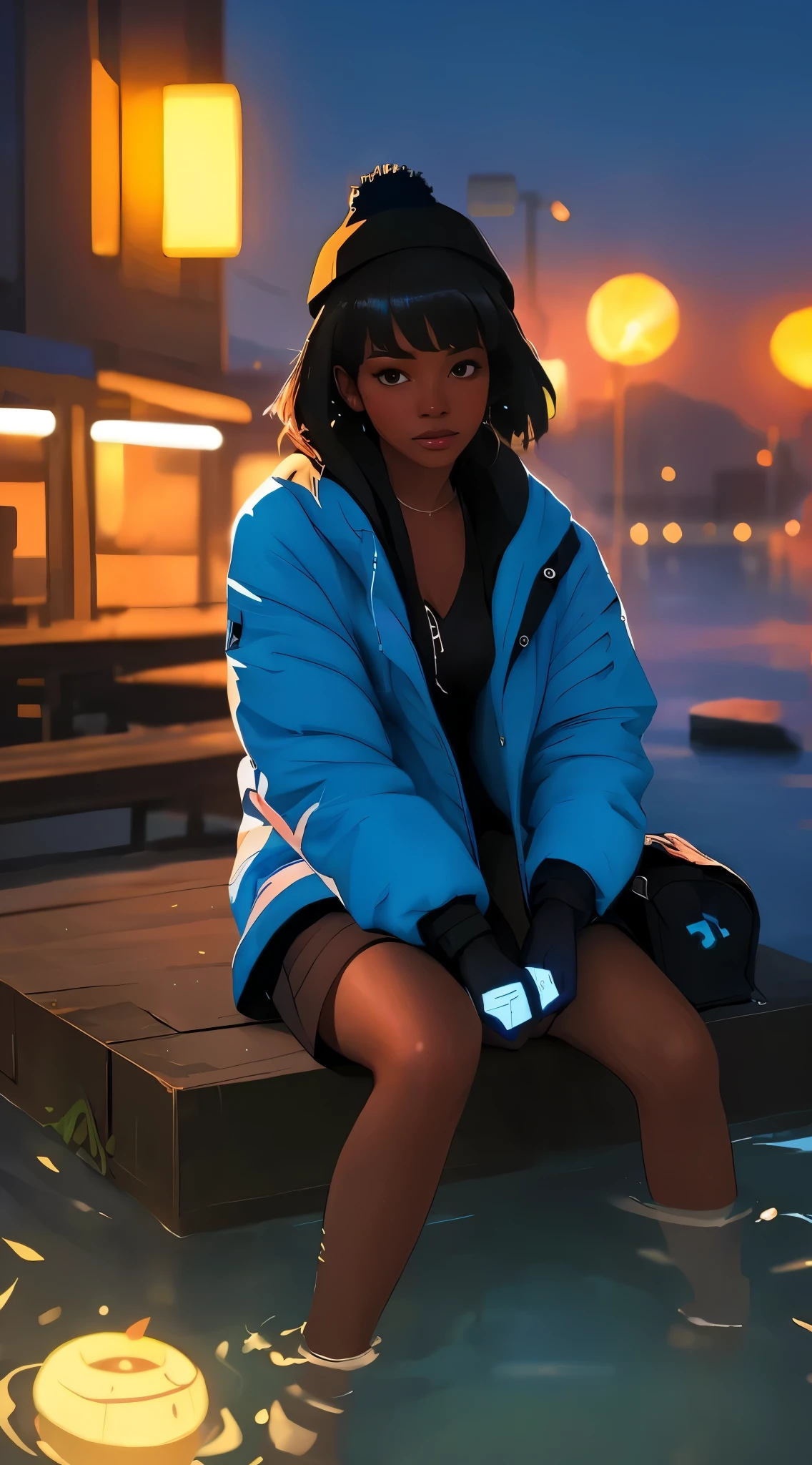 Pretty woman with dark skin sitting on a hillside by water, soft hair styled in a bob, ebony nose and dark brown eyes, african american, wearing mittens, she is calm in a playfully scenery, ((( cute yellow lantern floating in the water nearby))), partially illumination of her hair, water has a blue glow, clearly defined features, funkypop, cyberdelic, grunge, hyperrealistic black anime, lofi art, luminism, medium shot, attention to details, depth of field, chemiluminescence, soft background lens flare, flourescent light, character design, atey ghailan, basquiat, colorful_frequencies, electric colors, iridescent, dynamic pose, nouveau realisme, city background,