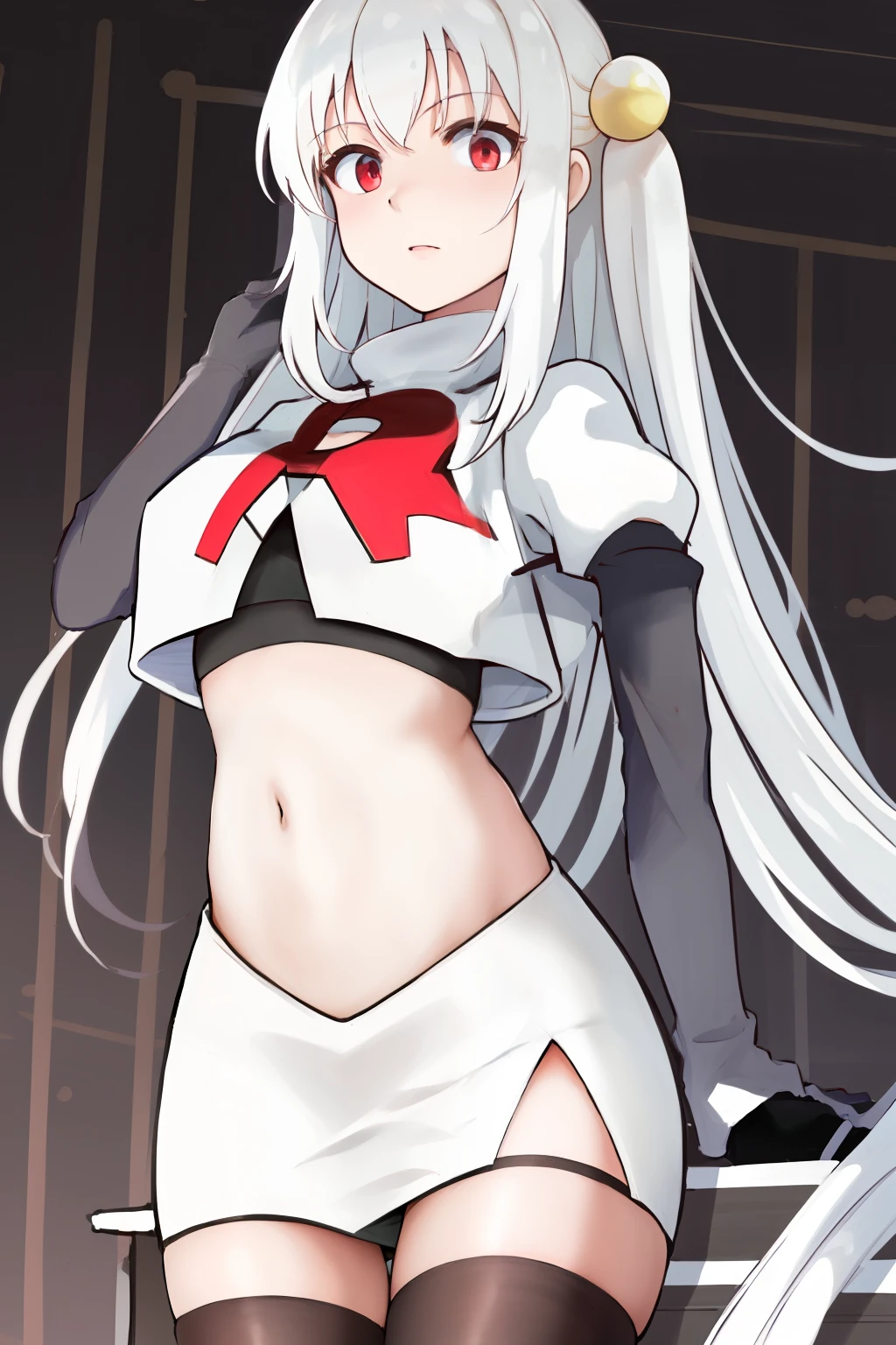 masterpiece, best quality, highres, 1girl ninym ralei hair bobbles ahoge, team rocket,team rocket uniform, red letter R, white skirt,white crop top,black thigh-highs,black elbow gloves,