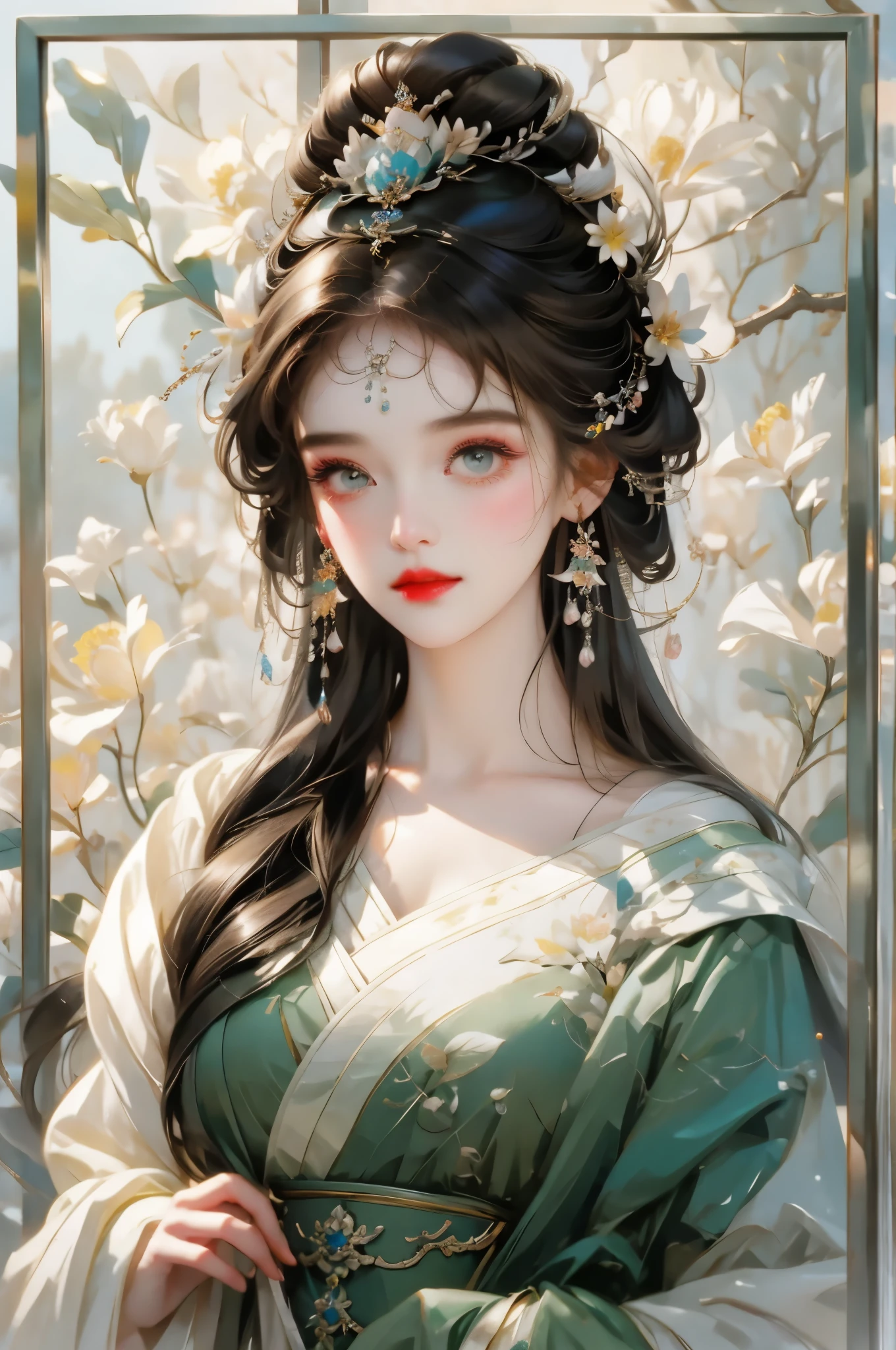 Close up of woman wearing flower headdress and mirror, beautiful fantasy queen, ((beautiful fantasy queen)), beautiful figure painting, Inspired by Du Qiong, Inspired by Lan Ying, Inspired by Qiu Ying, chinese princess, author:Yang Jie, inspired by trees, Inspired by Zhu Lian