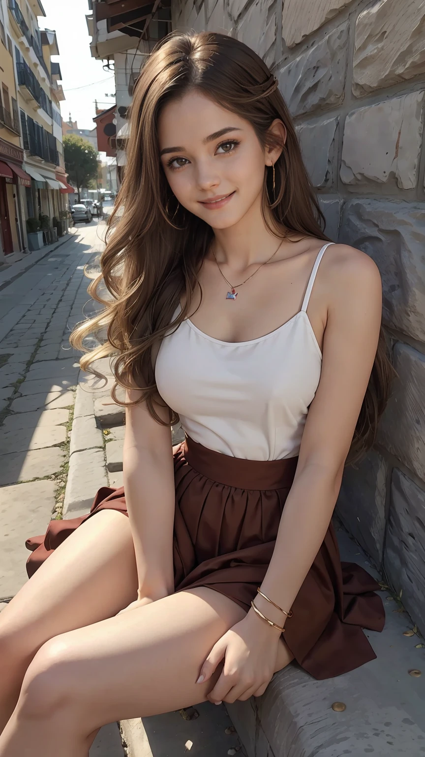 22 year old white female、hair color is brown、brown eyes、long hair、straight hair、accessories on wrist、wearing a necklace、has earrings、skin is smooth、smile、Slender but muscular body、My heart is pounding、smile、wearing a clock top、wearing red high heels、He is sitting in the middle of the stone steps in the old town, his legs crossed and his chin resting on his hands.