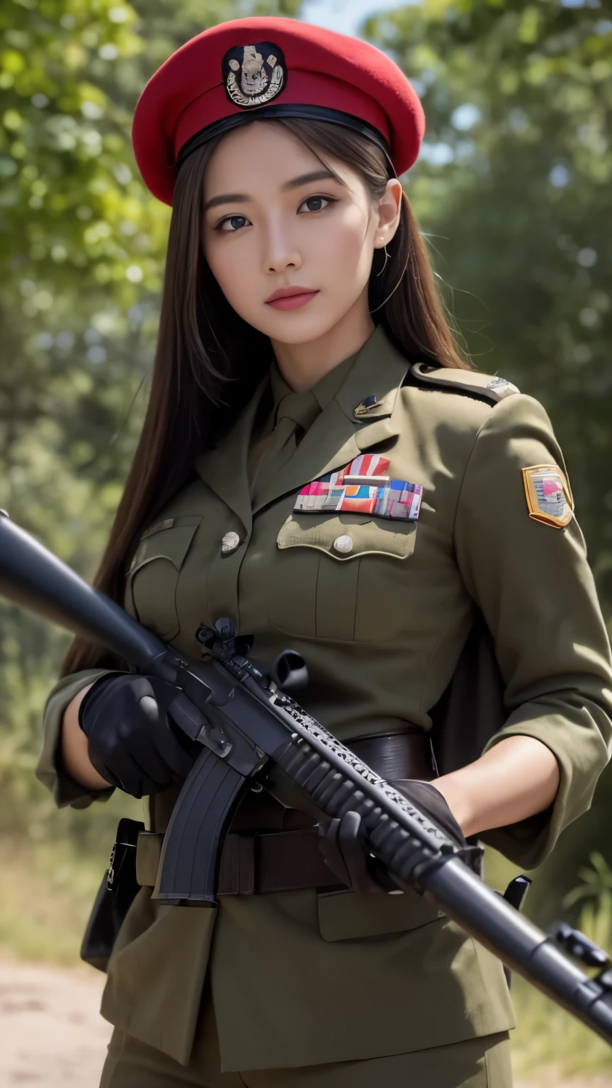 (Best Quality, 8k, Masterpiece:1.3)), Focus:1.2, Perfect Body Beauty:1.4, ((Delicate Hair)), (Military Uniform:1.1), (Red Beret Army: 1.1), (Firearms: 1.1), (Soldier Uniform: 1.1), Military Coat: 1.1) Highly detailed face and skin texture, Detailed eyes, Double eyelids, whitening skin, Big breasts, smile, in the jungle, super detailed face, super detailed eyes, super detailed, hands, super detailed fingers, super detailed body, super fine body, super fine face, super fine eyes, super fine fingers, super fine hands, super fine foots, Holding firearms, rifle, Soldier, Perfect Soldier, weapon, rifle, special force, military, Super detailed firearms, Super Detailed Military Coat, Army, Super fine firearms, Super detailed Beret, Super detailed firearms, Super realistic firearms, super detailed rifle, super realistic, muscular, female soldier, Commissioned Officer, high ranking officer, general rank, with a view of the self-propelled artillery behind her, Super Detailed red beret, realistic view, perfect lighting, military vehicle, army beret, candid, black gloves