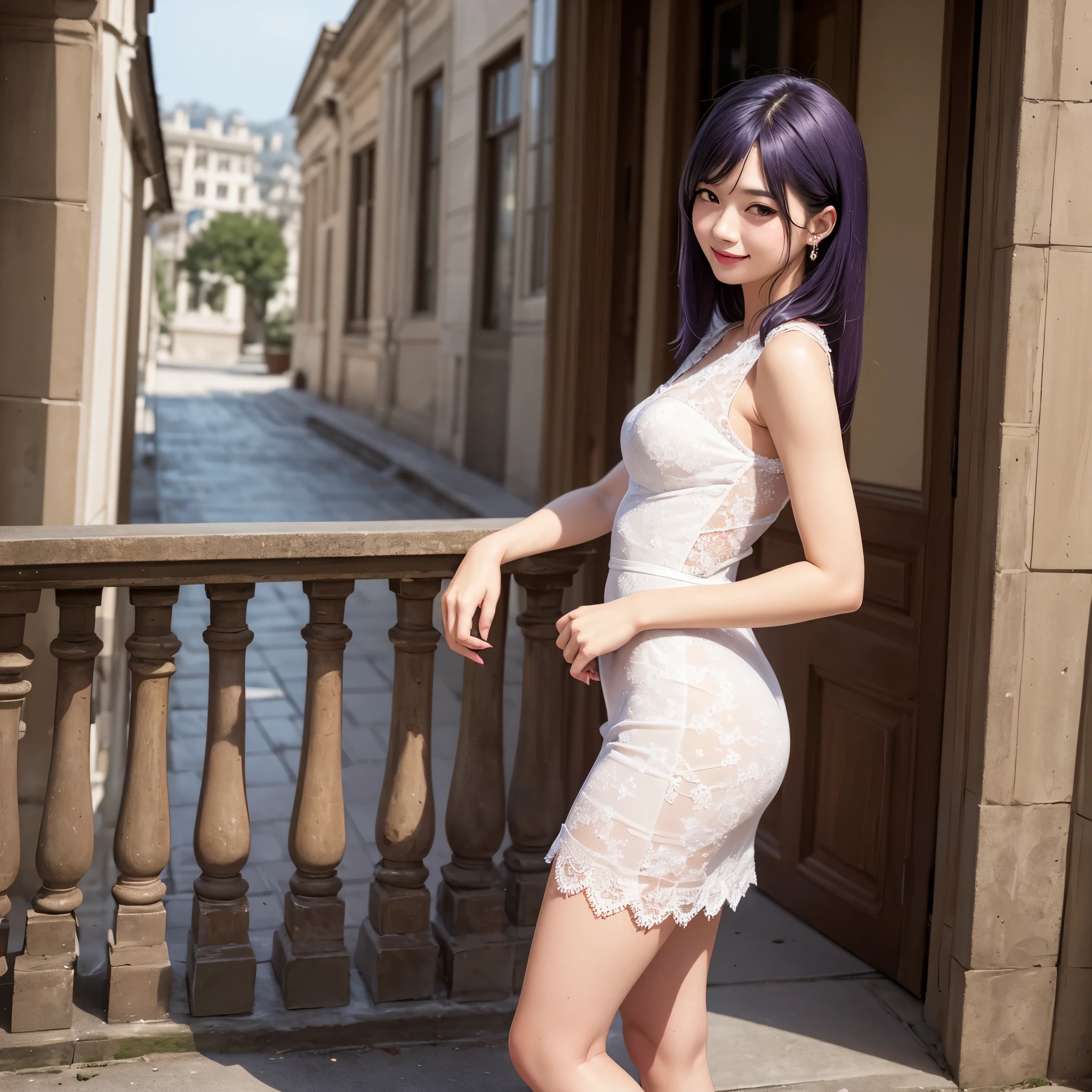 1woman,solo, glossy purple hair, long hime cut, intricated lace dress, short dress, white dress, smile, red eyes, looking the viewer, posing, hands on hip, great palace, white palace, heels