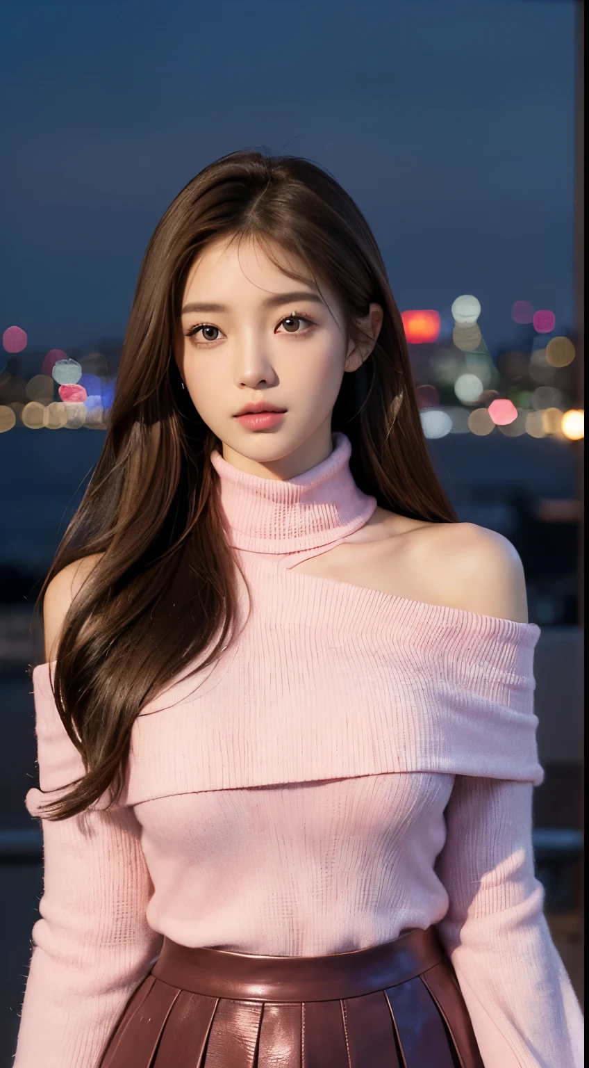 ((highest quality)), ((masterpiece)), (be familiar with), perfect face、(((middle hair))))、((((brown hair))))、highest quality、8K、HDR、High resolution、background blur、photograph、(RAWphotograph:1.2)、(realism:1.2)、(intricate details:1.2)、1 girl、solo、korean girl、beautiful girl、((((medium breasts)))、Perfect for your skin、((long eyes、detailed pupil))、(slim body、upturned bust)、(pink high neck knit、pink leather skirt、off shoulder)、Tokyo cityscape、colorful lights、((night))、hair fluttering、Translucency、sexy、(beholder)、from the front、tight line of sight